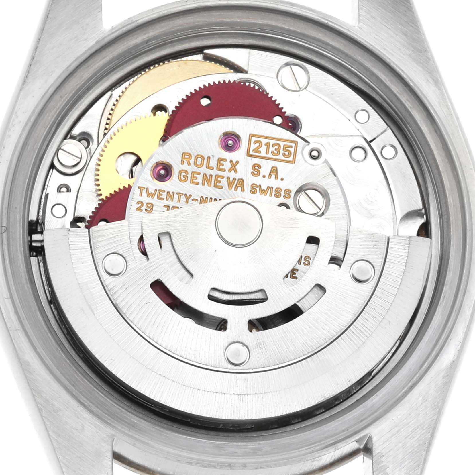 The image shows the back view of a Rolex Datejust 69173 Women's Steel and Gold (two tone) Champagne Dial 69173 Women's Steel and Gold (two tone) Champagne Dial, focusing on its movement and internal mechanics.