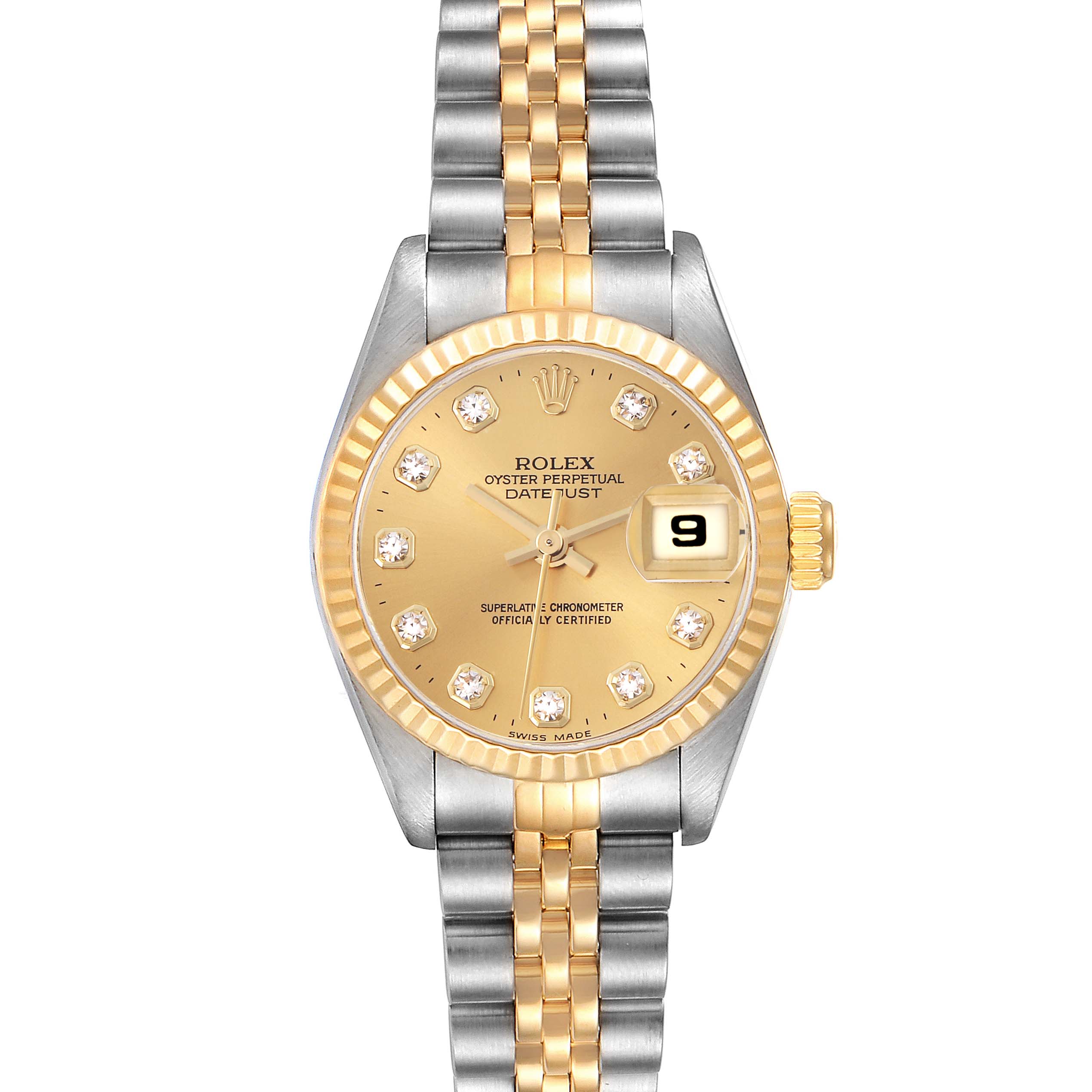 The Rolex Datejust 69173 Women's Steel and Gold (two tone) Champagne Dial 69173 Women's Steel and Gold (two tone) Champagne Dial watch is shown from the front, displaying its gold dial, fluted bezel, date window, and two-tone bracelet.