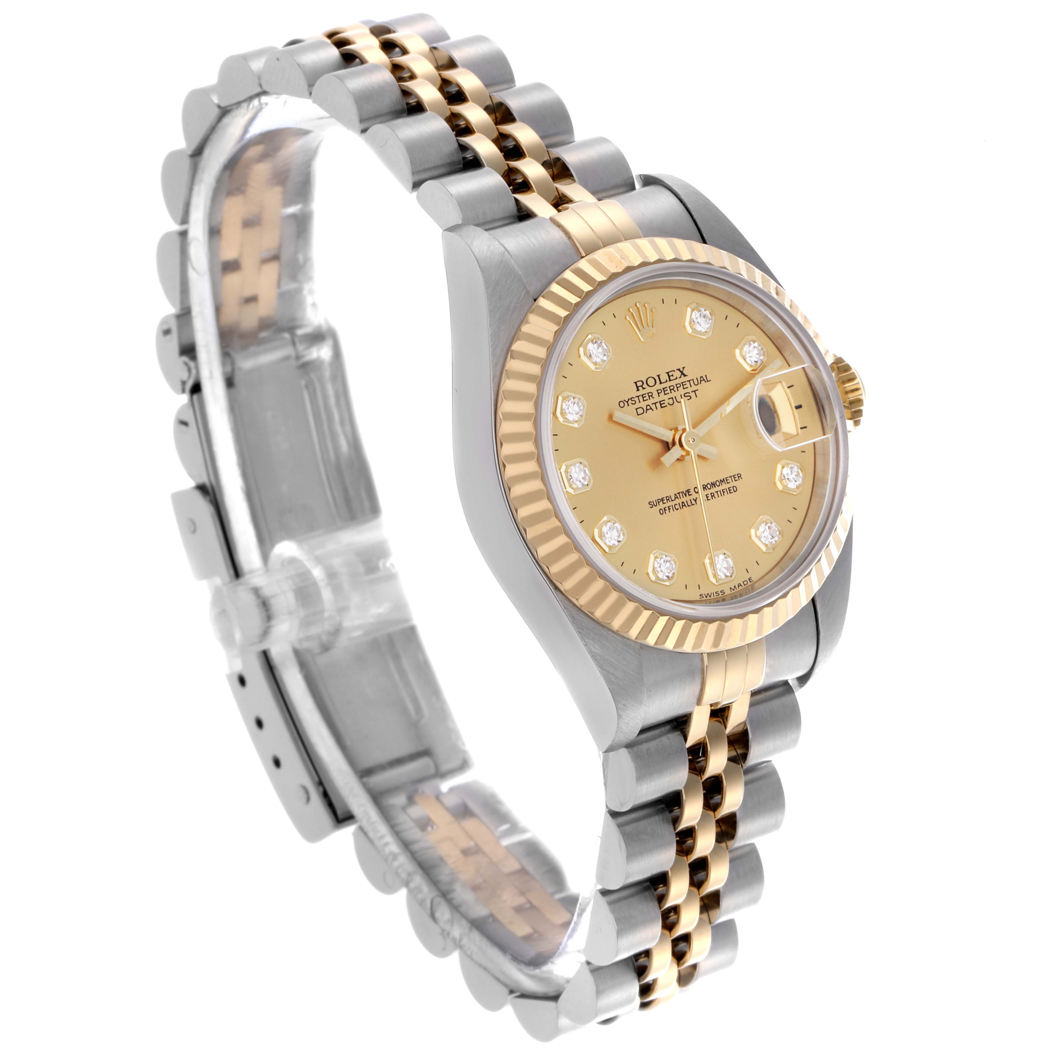 The Rolex Datejust 69173 Women's Steel and Gold (two tone) Champagne Dial 69173 Women's Steel and Gold (two tone) Champagne Dial watch is shown at an angled side view, highlighting the gold and silver bracelet, bezel, and champagne dial.