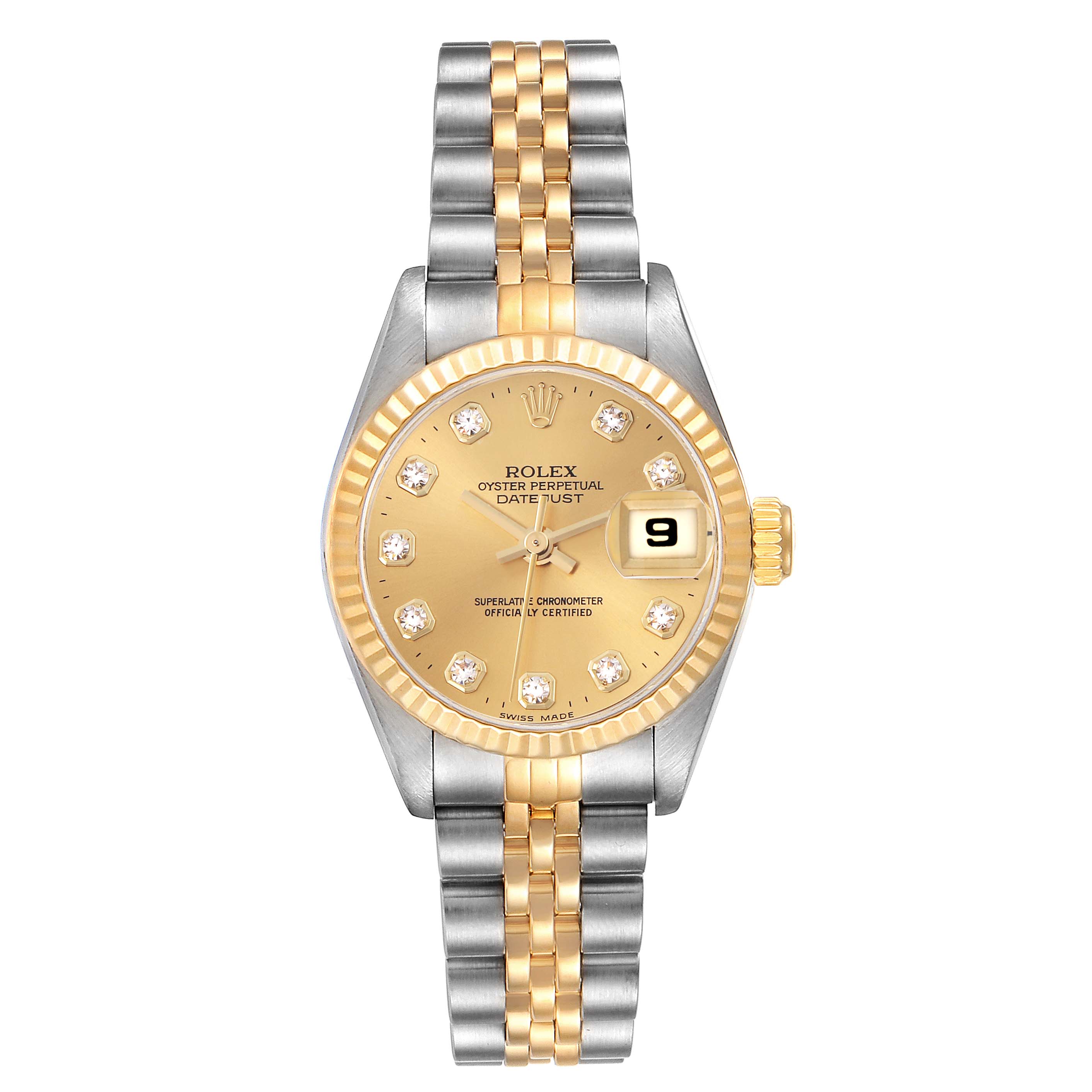 The Rolex Datejust 69173 Women's Steel and Gold (two tone) Champagne Dial 69173 Women's Steel and Gold (two tone) Champagne Dial watch is shown from the front, highlighting its gold and silver tone, fluted bezel, and jubilee bracelet.