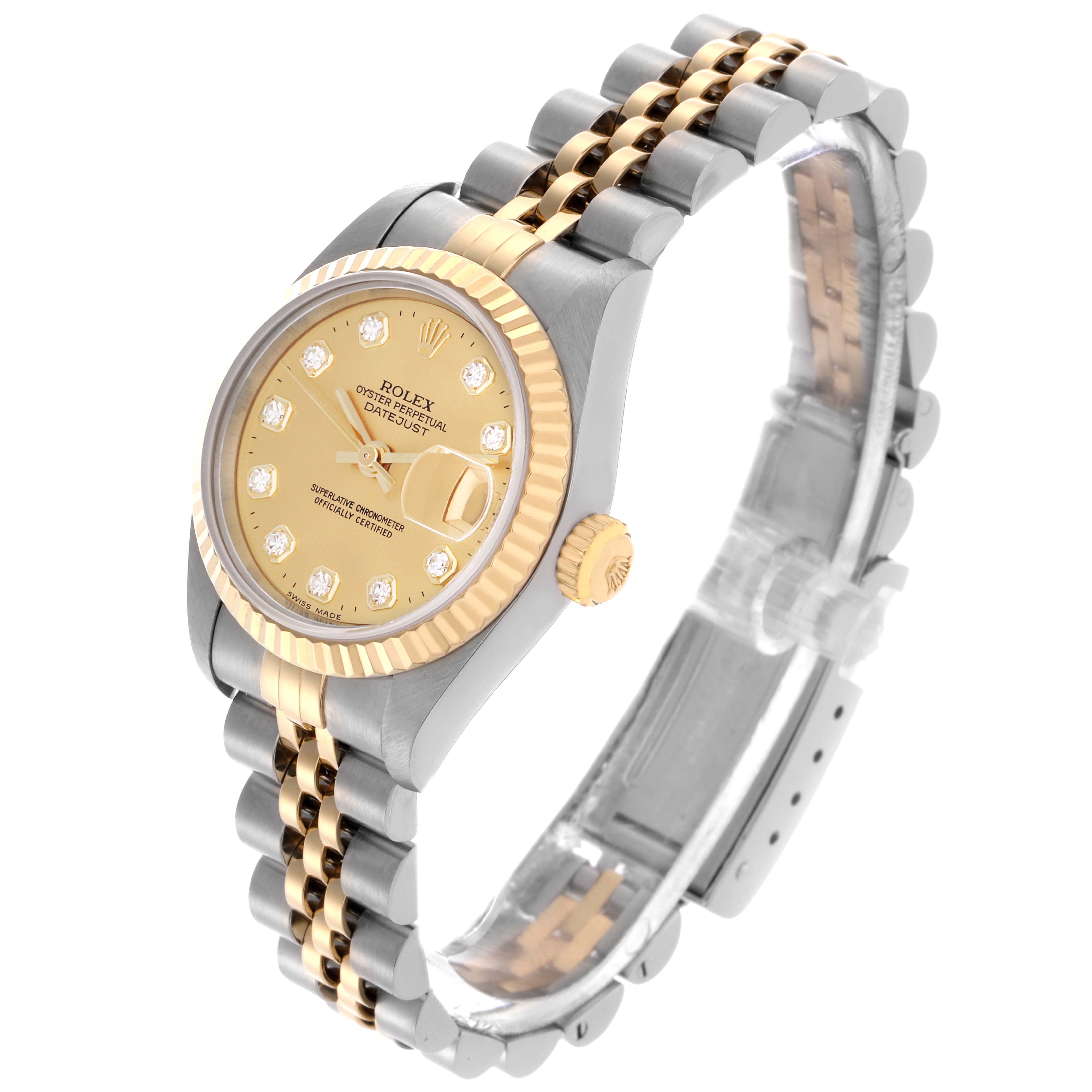 The Rolex Datejust 69173 Women's Steel and Gold (two tone) Champagne Dial 69173 Women's Steel and Gold (two tone) Champagne Dial watch is shown at an angled side view, revealing the face, bezel, and jubilee bracelet.
