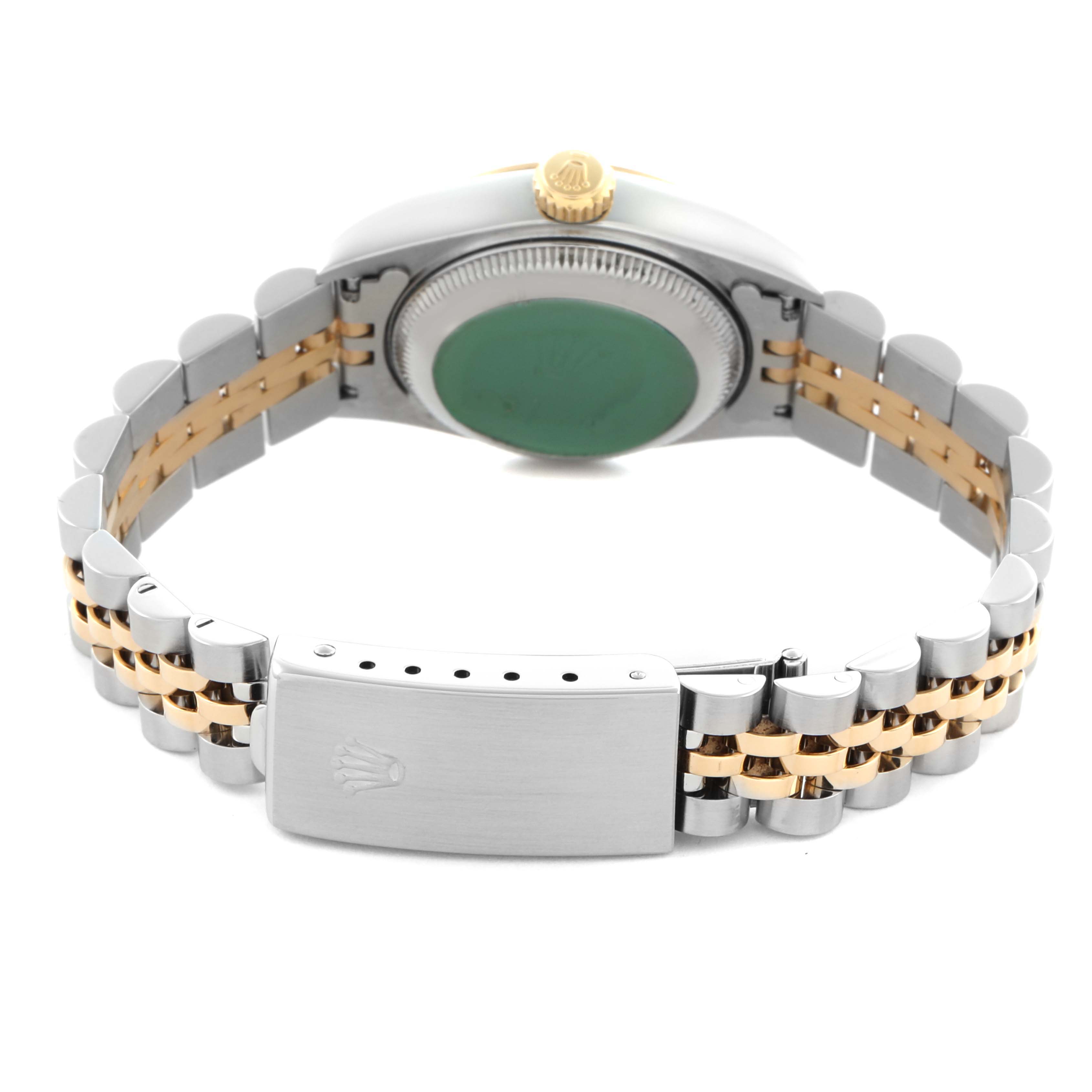 The image shows the back and bracelet of a Rolex Datejust 69173 Women's Steel and Gold (two tone) Champagne Dial 69173 Women's Steel and Gold (two tone) Champagne Dial, focusing on the clasp and two-tone Jubilee bracelet.