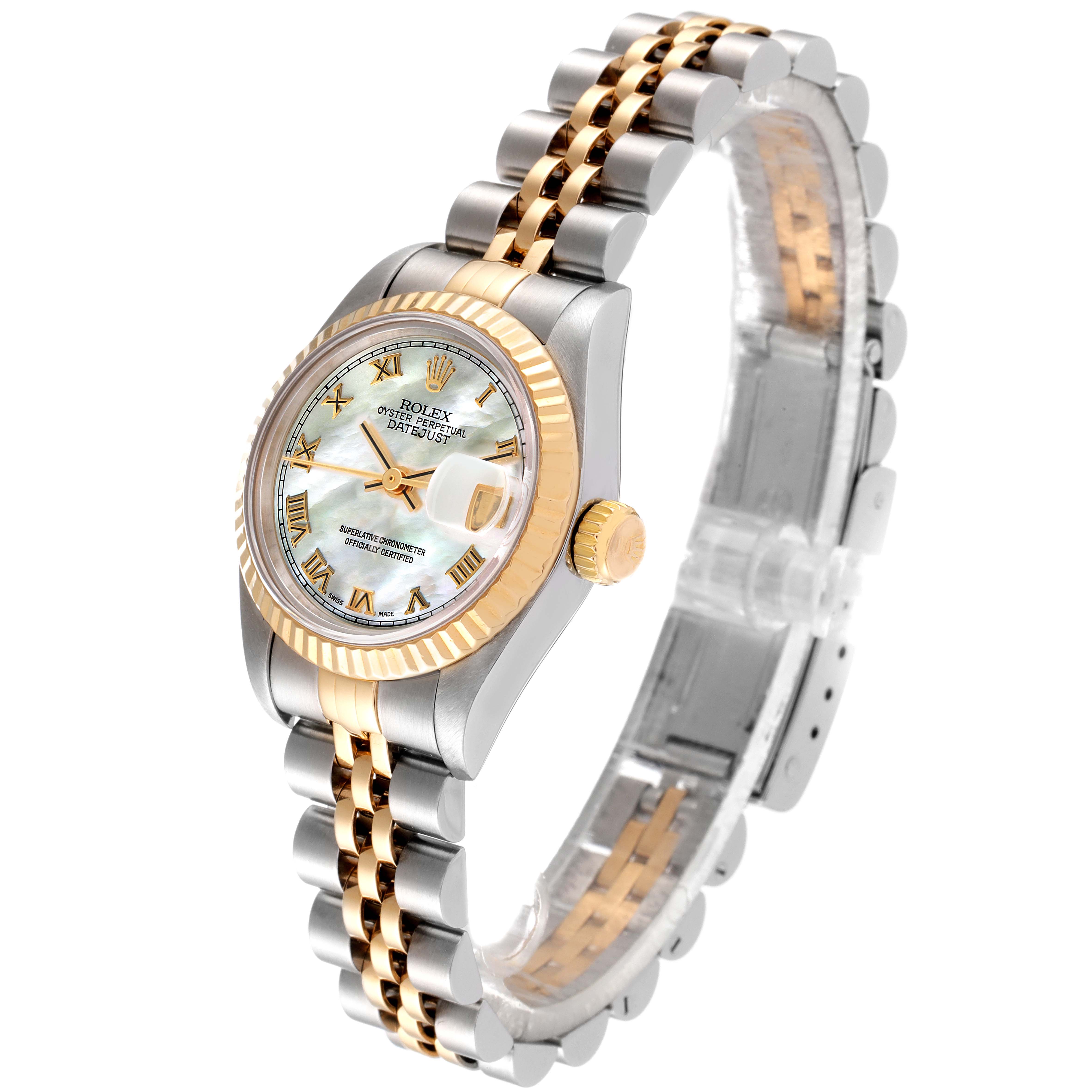 This image shows a Rolex Datejust 69173 Women's Steel and Gold (two tone) Mother of Pearl Dial 69173 Women's Steel and Gold (two tone) Mother of Pearl Dial watch at a three-quarter angle, highlighting the dial, bezel, bracelet, and crown.