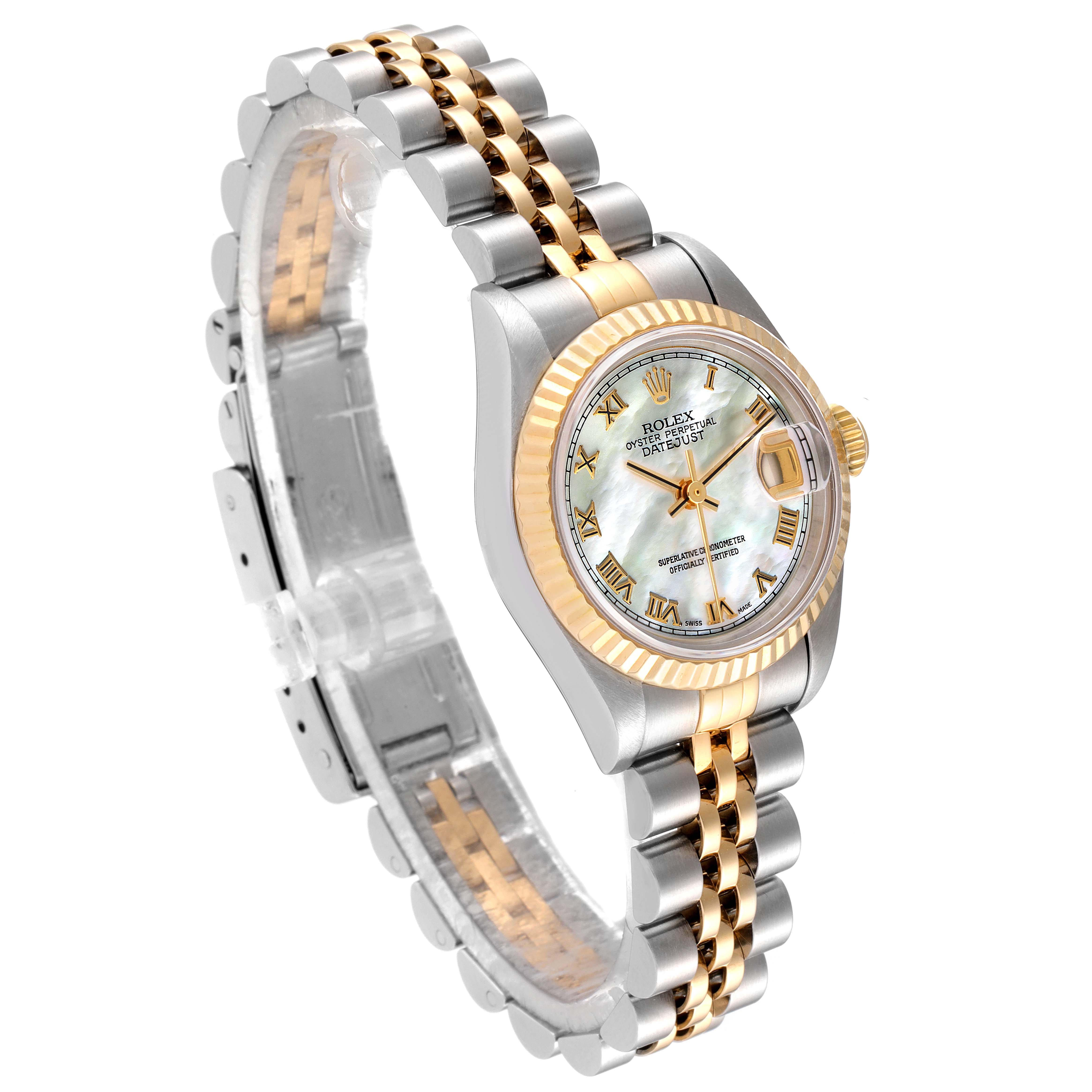 The image shows a Rolex Datejust 69173 Women's Steel and Gold (two tone) Mother of Pearl Dial 69173 Women's Steel and Gold (two tone) Mother of Pearl Dial watch at a three-quarter angle, highlighting the face, bezel, and bracelet.