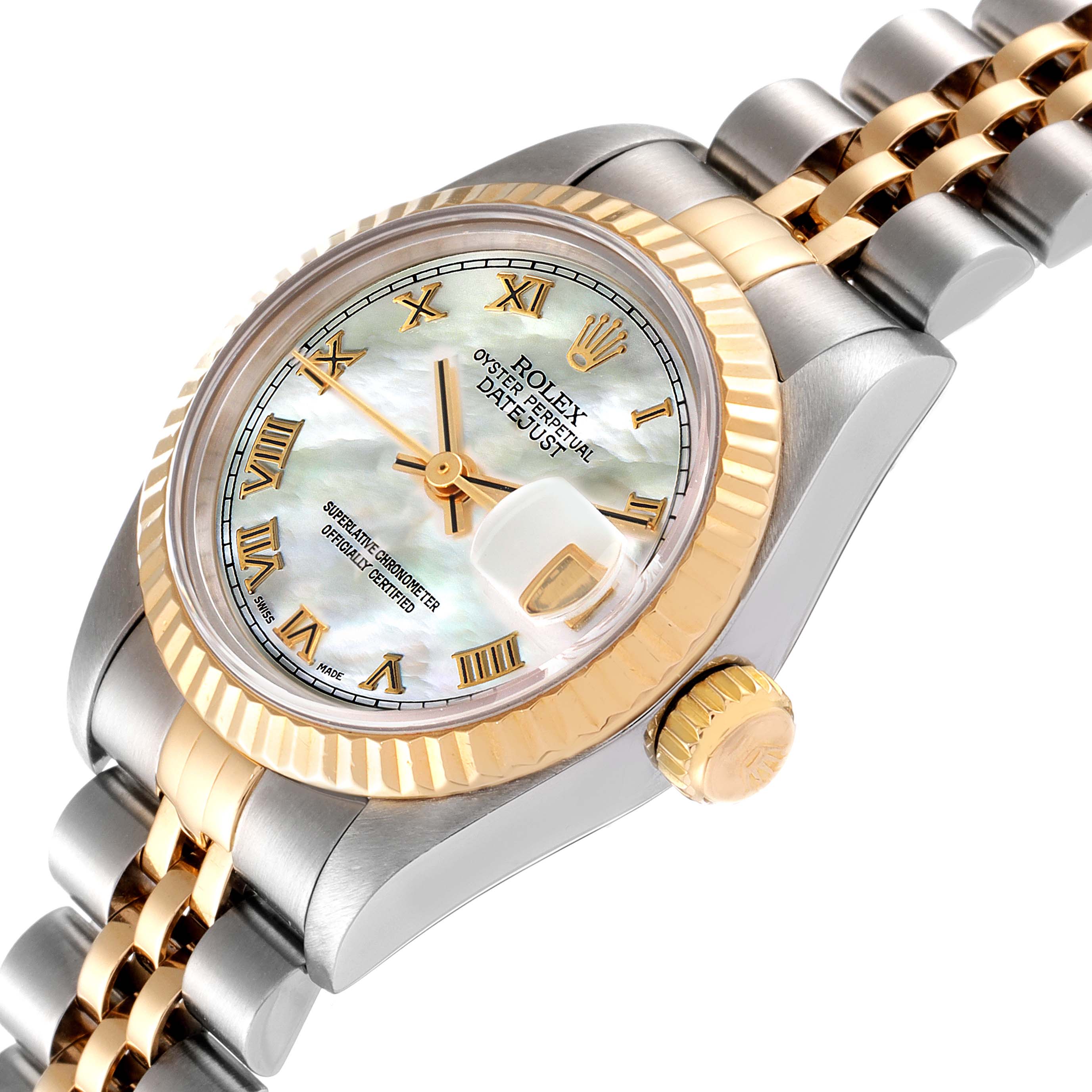 The image shows a Rolex Datejust 69173 Women's Steel and Gold (two tone) Mother of Pearl Dial 69173 Women's Steel and Gold (two tone) Mother of Pearl Dial watch at a three-quarter angle, highlighting the face, bezel, crown, and part of the bracelet.