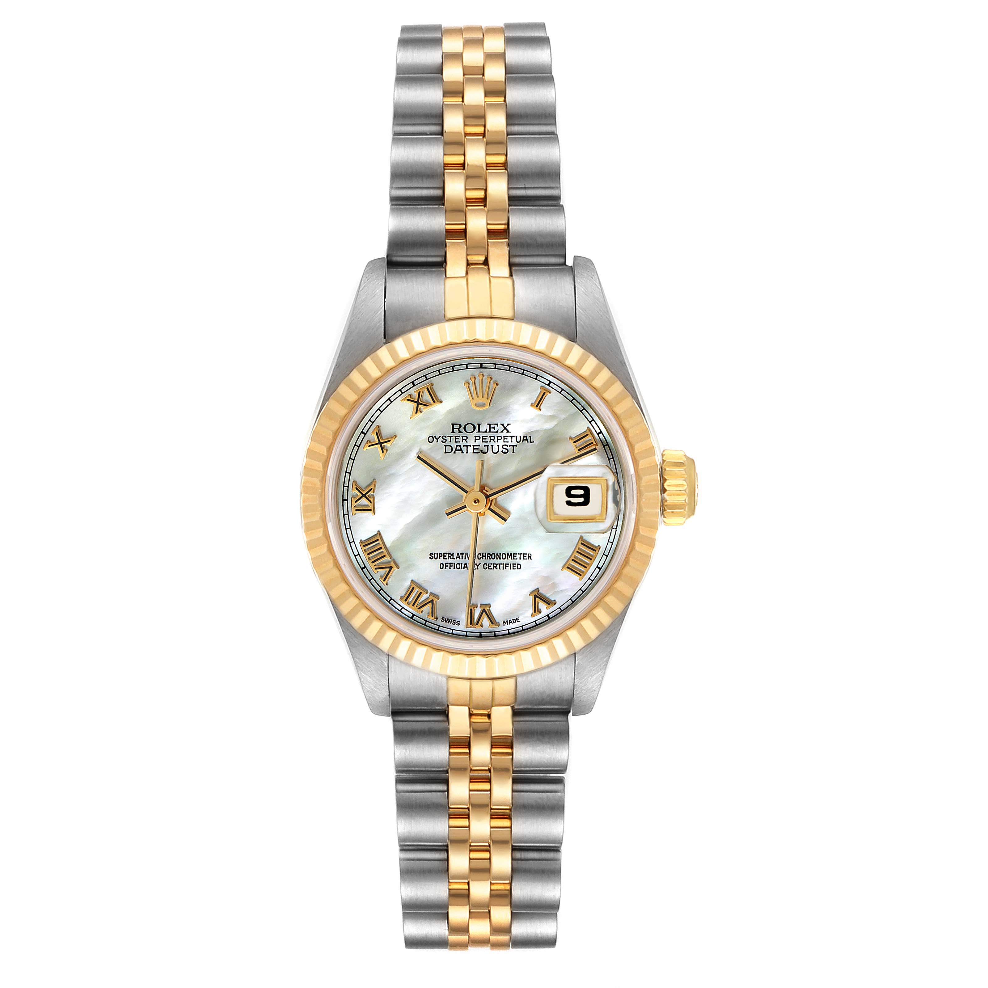 The image shows a front view of a Rolex Datejust 69173 Women's Steel and Gold (two tone) Mother of Pearl Dial 69173 Women's Steel and Gold (two tone) Mother of Pearl Dial with a two-tone bracelet and fluted bezel.