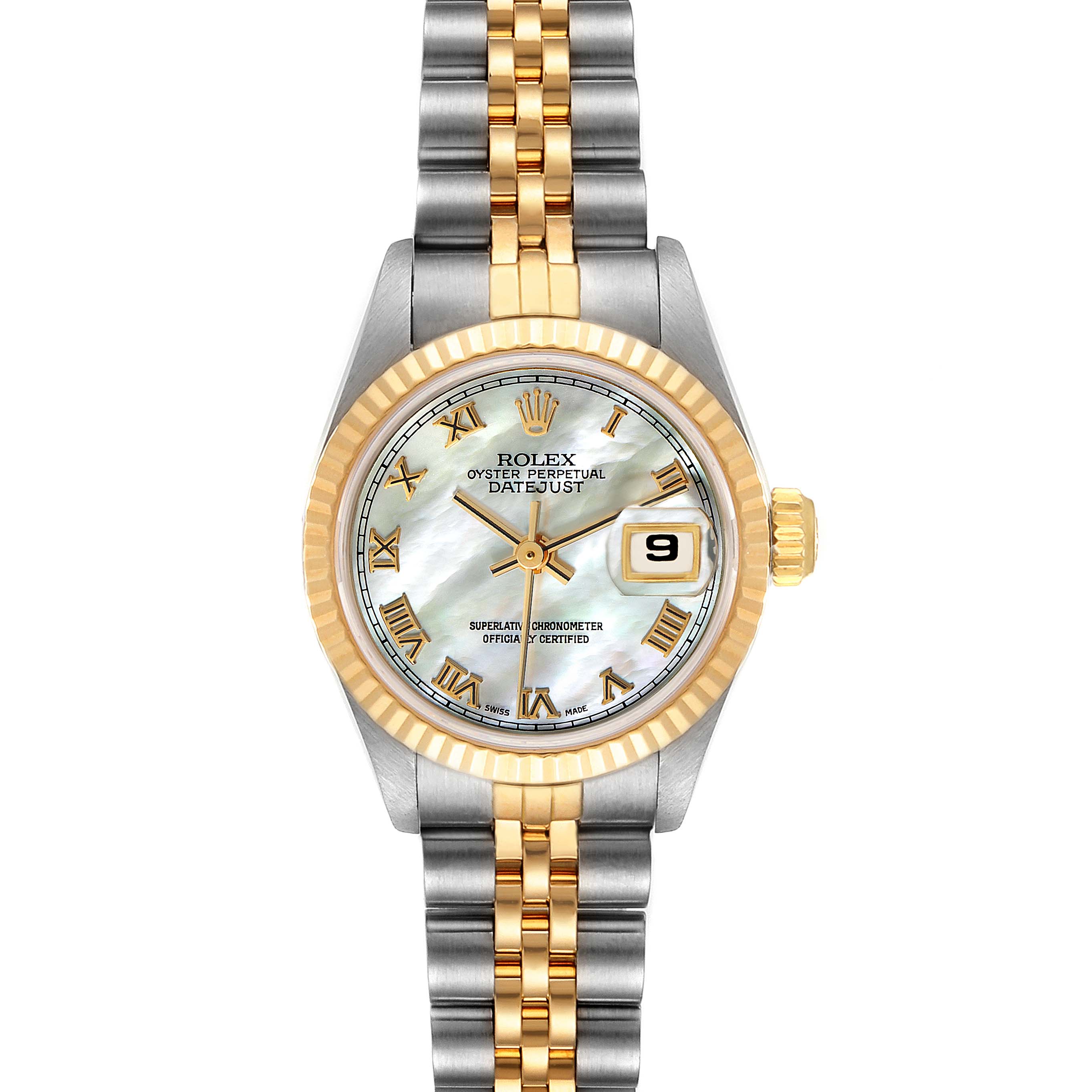 The Rolex Datejust 69173 Women's Steel and Gold (two tone) Mother of Pearl Dial 69173 Women's Steel and Gold (two tone) Mother of Pearl Dial watch is shown from a top-down angle, featuring its dial, bezel, and bracelet.