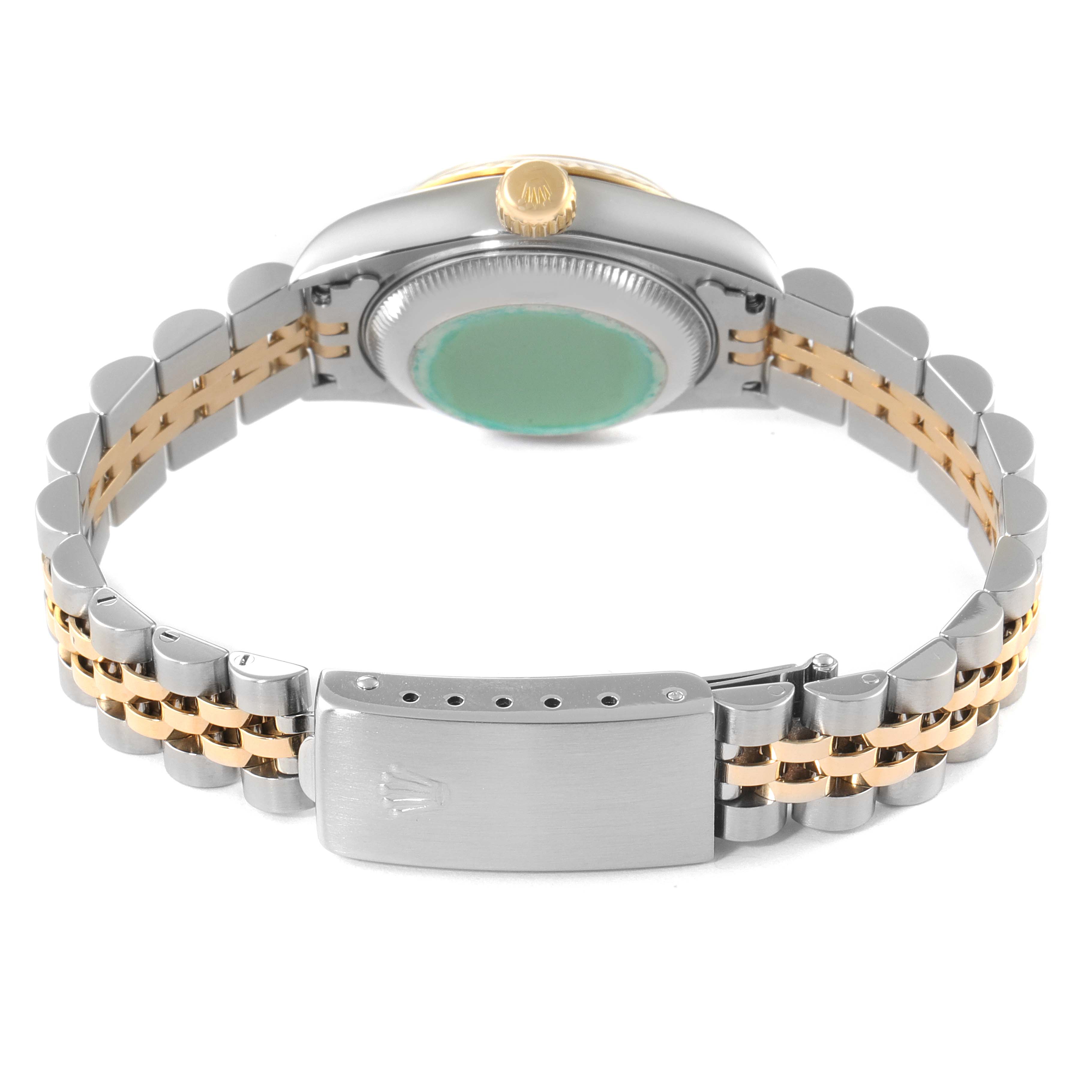 This image displays the back view of a Rolex Datejust 69173 Women's Steel and Gold (two tone) Mother of Pearl Dial 69173 Women's Steel and Gold (two tone) Mother of Pearl Dial watch, showcasing its two-tone bracelet and case back.