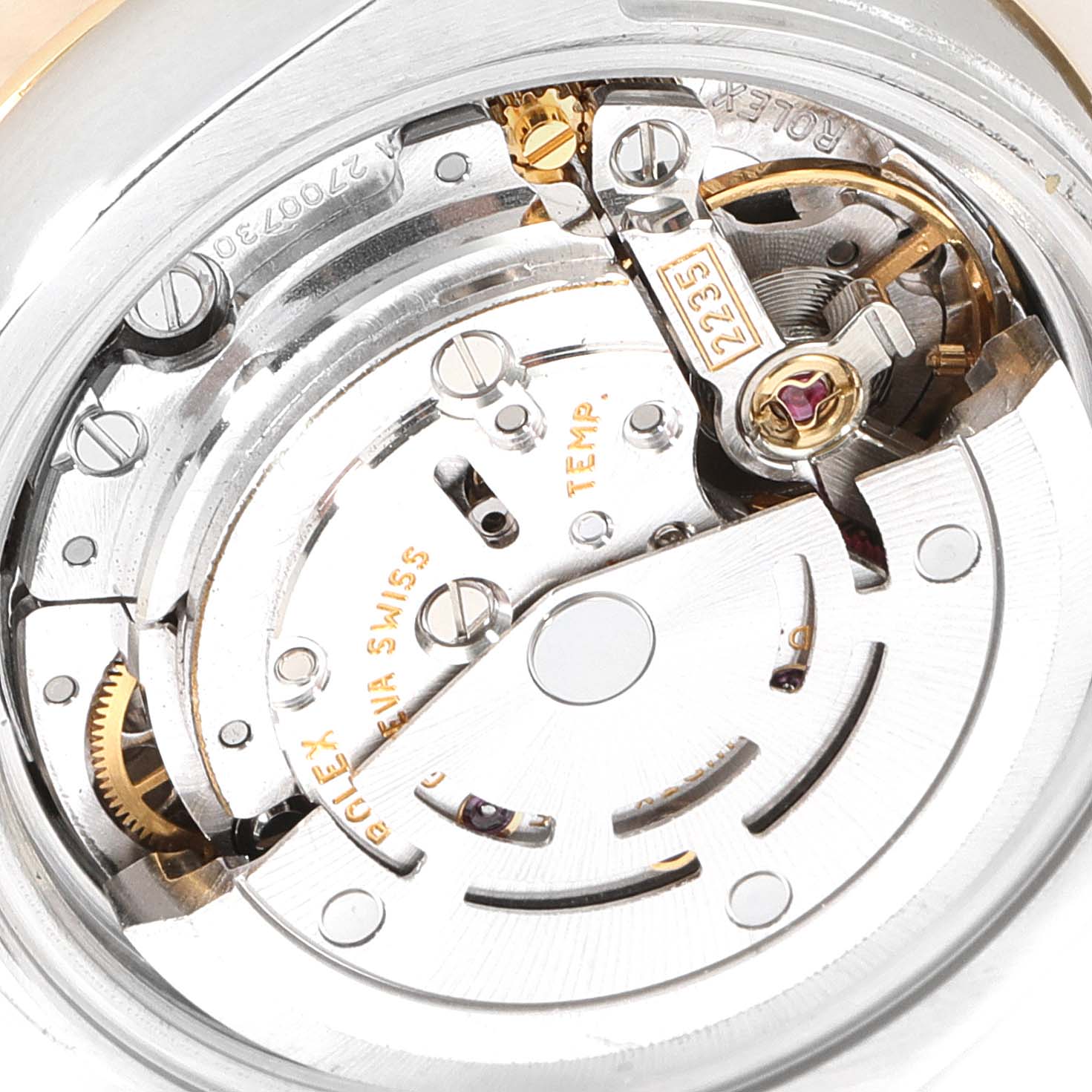 The image shows the internal mechanism and parts of the Rolex Datejust 179173 Women's Steel and Gold (two tone) Mother of Pearl Dial 179173 Women's Steel and Gold (two tone) Mother of Pearl Dial watch model at a close-up angle.