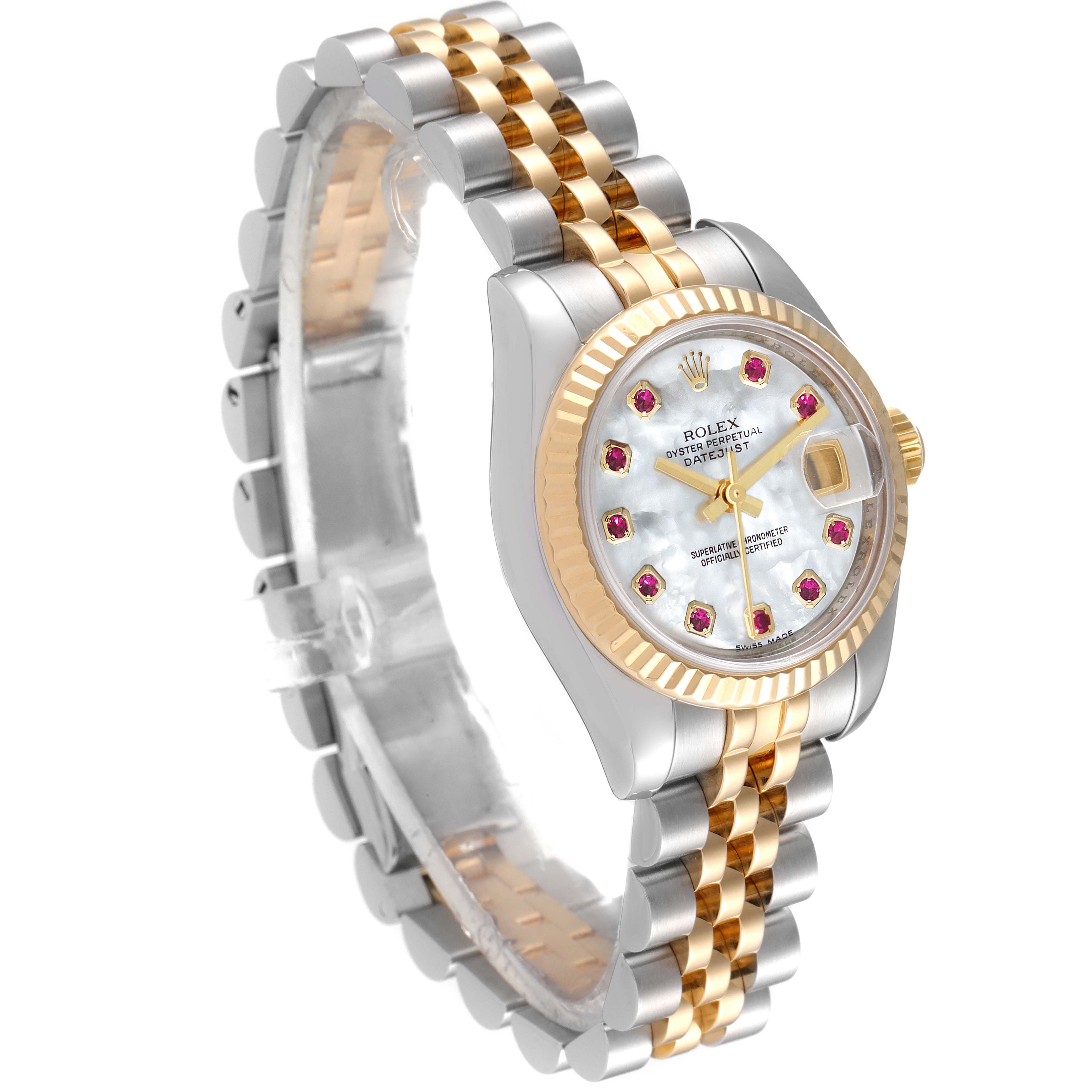 The image shows a Rolex Datejust 179173 Women's Steel and Gold (two tone) Mother of Pearl Dial 179173 Women's Steel and Gold (two tone) Mother of Pearl Dial watch at a three-quarter angle, highlighting its bezel, dial, and bracelet.
