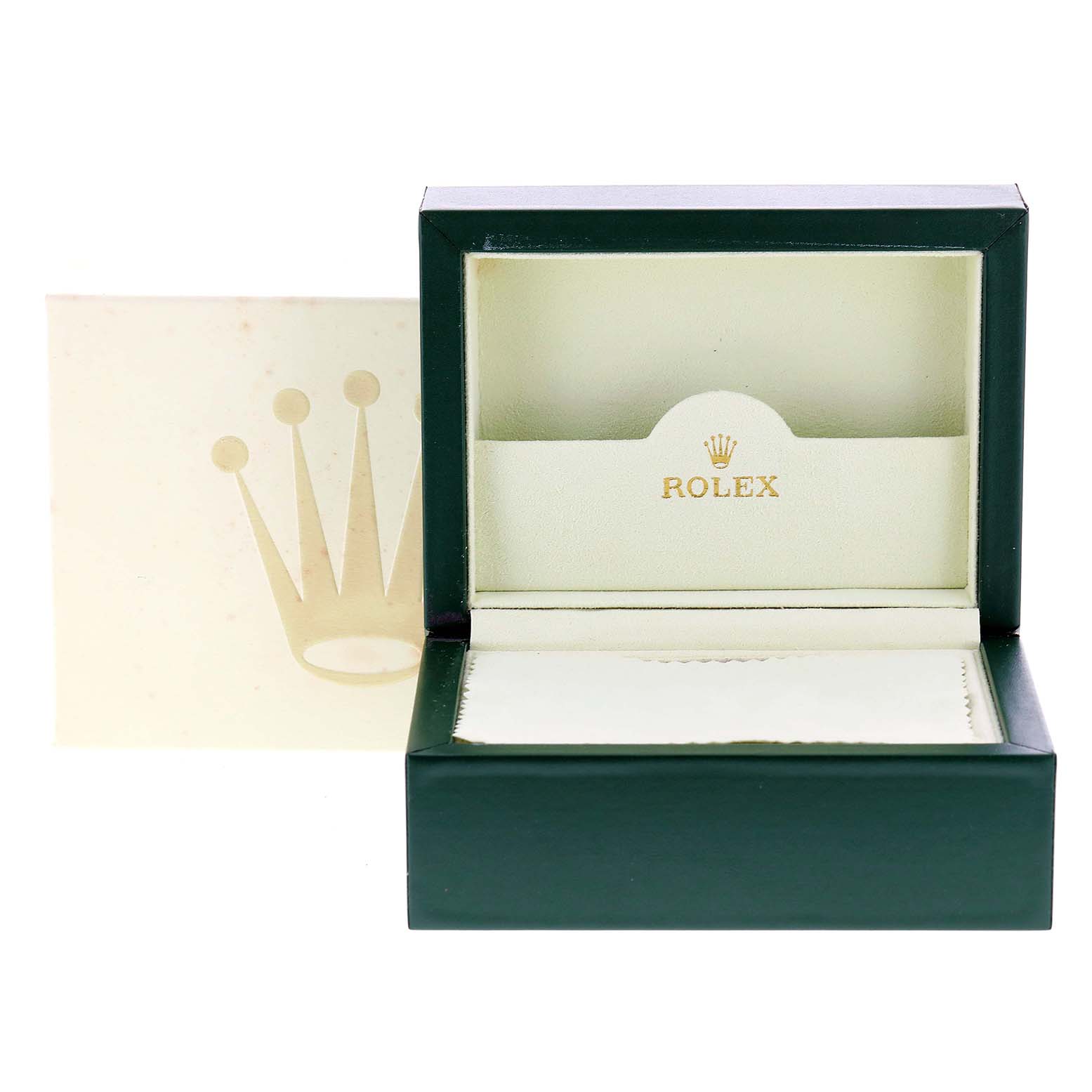 This image shows an open Rolex Datejust 179173 Women's Steel and Gold (two tone) Mother of Pearl Dial 179173 Women's Steel and Gold (two tone) Mother of Pearl Dial watch box, displaying the pillow and interior with the brand logo.