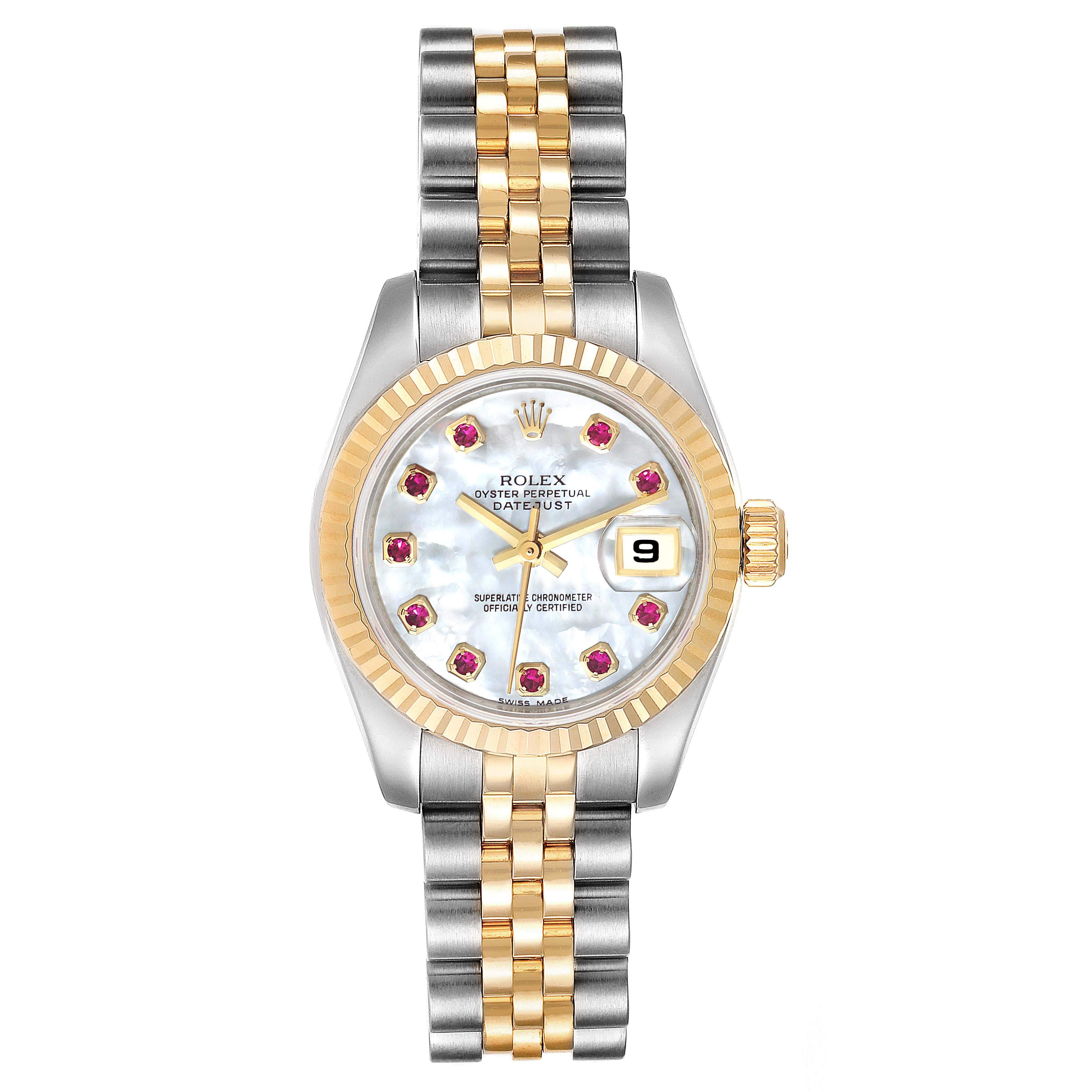 The image shows a Rolex Datejust 179173 Women's Steel and Gold (two tone) Mother of Pearl Dial 179173 Women's Steel and Gold (two tone) Mother of Pearl Dial watch from a top-down angle, displaying its face, dial, bezel, and two-tone bracelet.
