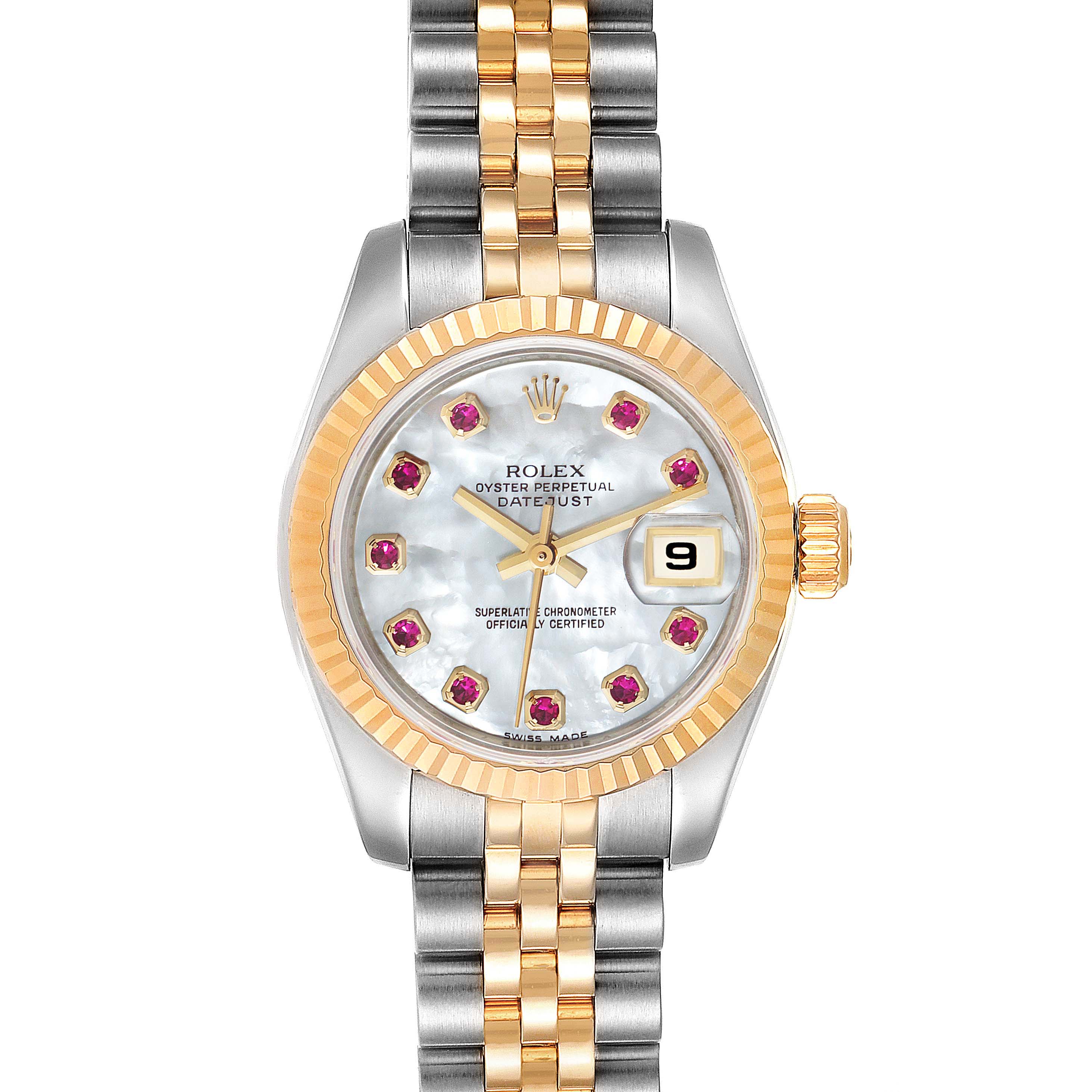 This image shows a front view of a Rolex Datejust 179173 Women's Steel and Gold (two tone) Mother of Pearl Dial 179173 Women's Steel and Gold (two tone) Mother of Pearl Dial watch with a two-tone bracelet, fluted bezel, and mother-of-pearl dial.