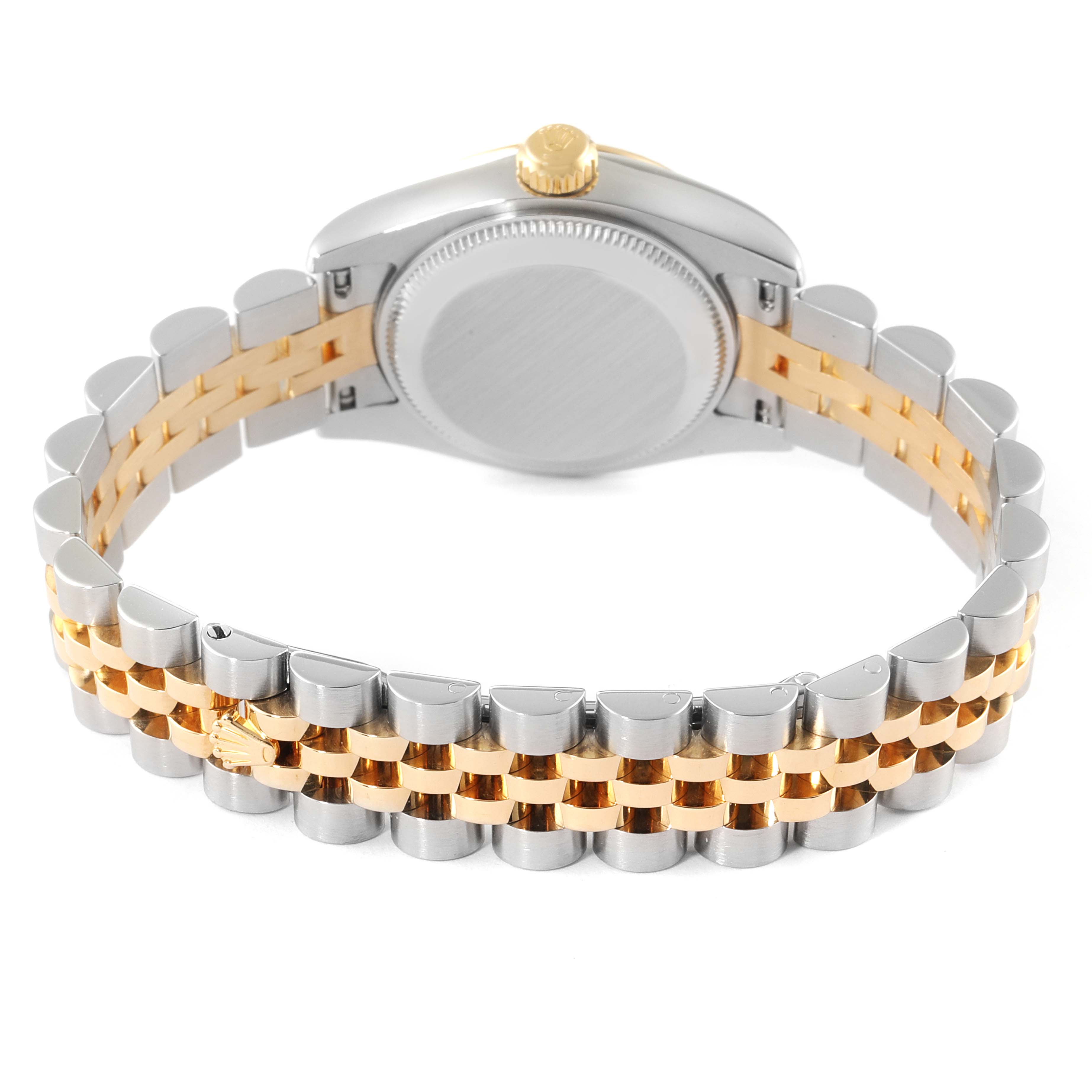 The image shows the back view of a Rolex Datejust 179173 Women's Steel and Gold (two tone) Mother of Pearl Dial 179173 Women's Steel and Gold (two tone) Mother of Pearl Dial watch with its case and two-tone bracelet.