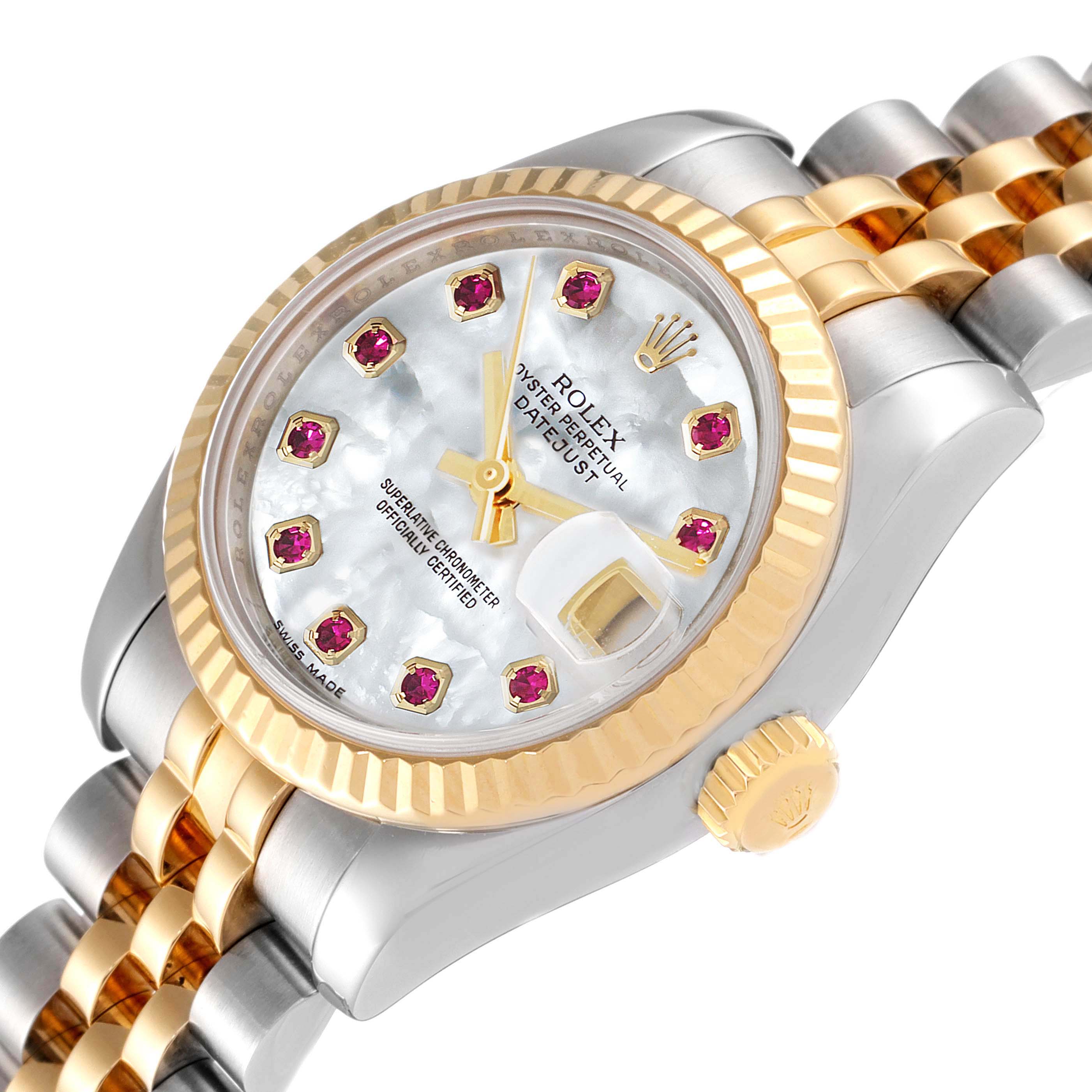 This image shows a close-up angle of the Rolex Datejust 179173 Women's Steel and Gold (two tone) Mother of Pearl Dial 179173 Women's Steel and Gold (two tone) Mother of Pearl Dial watch, highlighting the dial, bezel, and a portion of the bracelet.