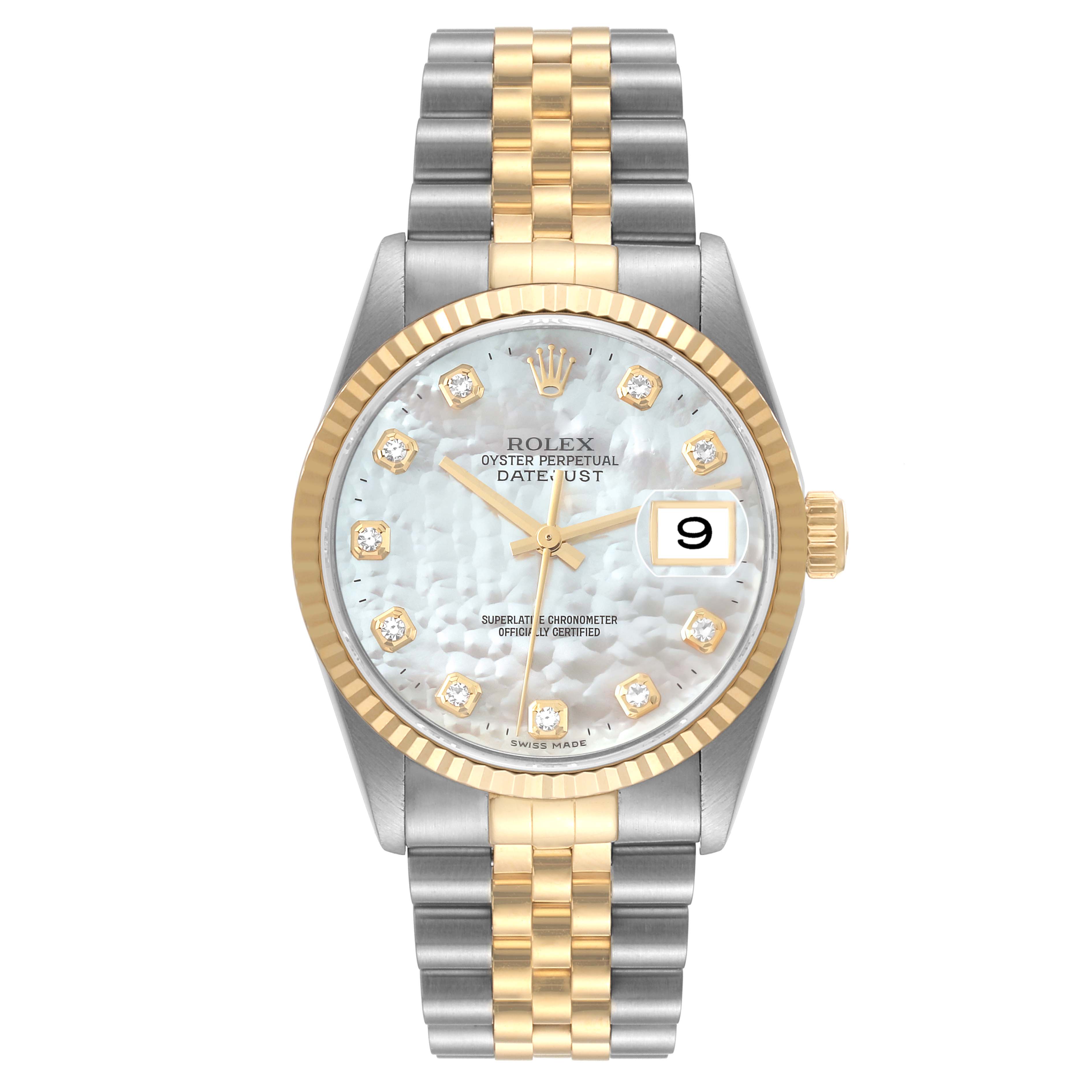 The image displays a front view of a Rolex Datejust 16233 Men's Steel and Gold (two tone) Mother of Pearl Dial 16233 Men's Steel and Gold (two tone) Mother of Pearl Dial watch with a two-tone bracelet, fluted bezel, and mother-of-pearl dial.