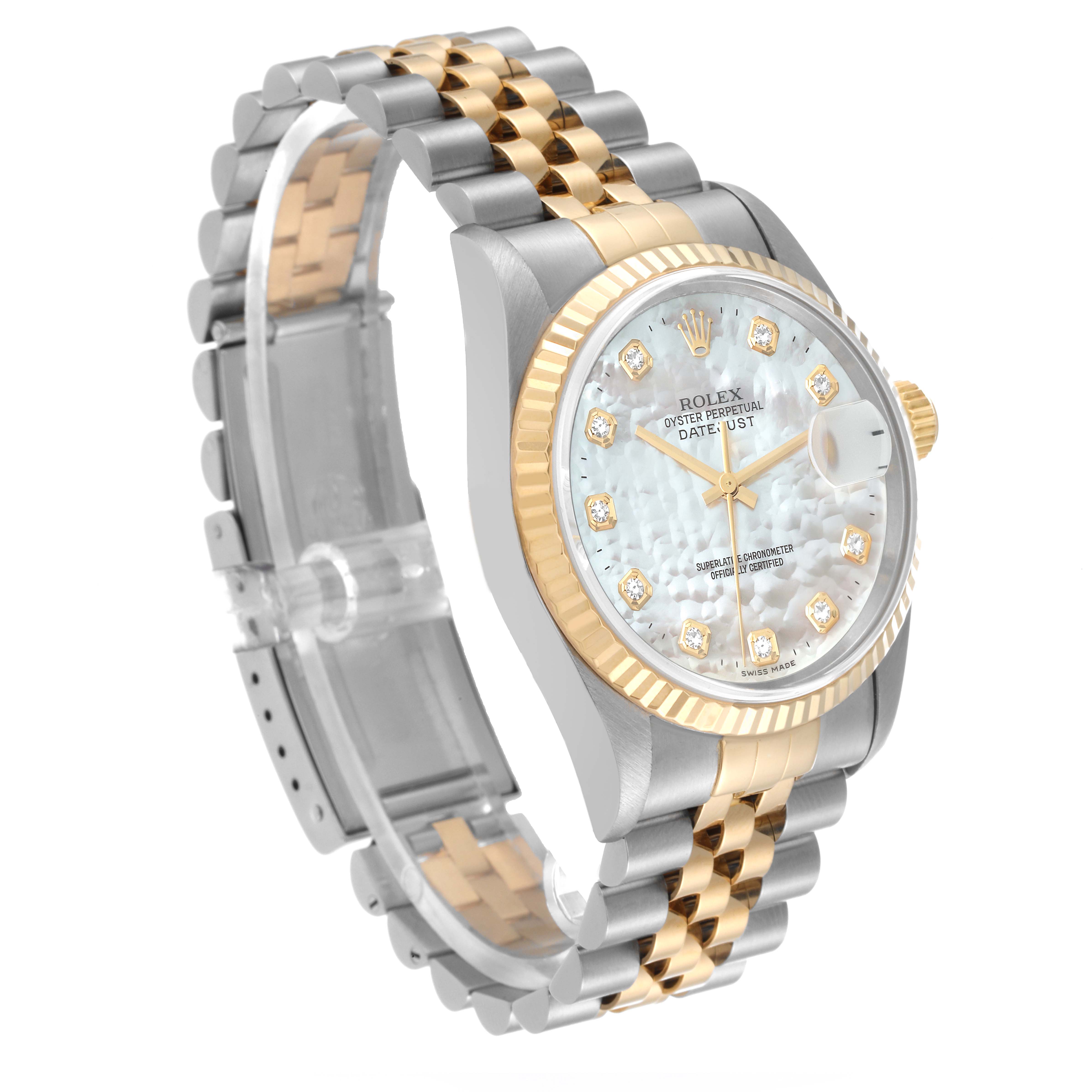 This image shows a side view of the Rolex Datejust 16233 Men's Steel and Gold (two tone) Mother of Pearl Dial 16233 Men's Steel and Gold (two tone) Mother of Pearl Dial watch, highlighting its two-tone bracelet and mother-of-pearl dial.