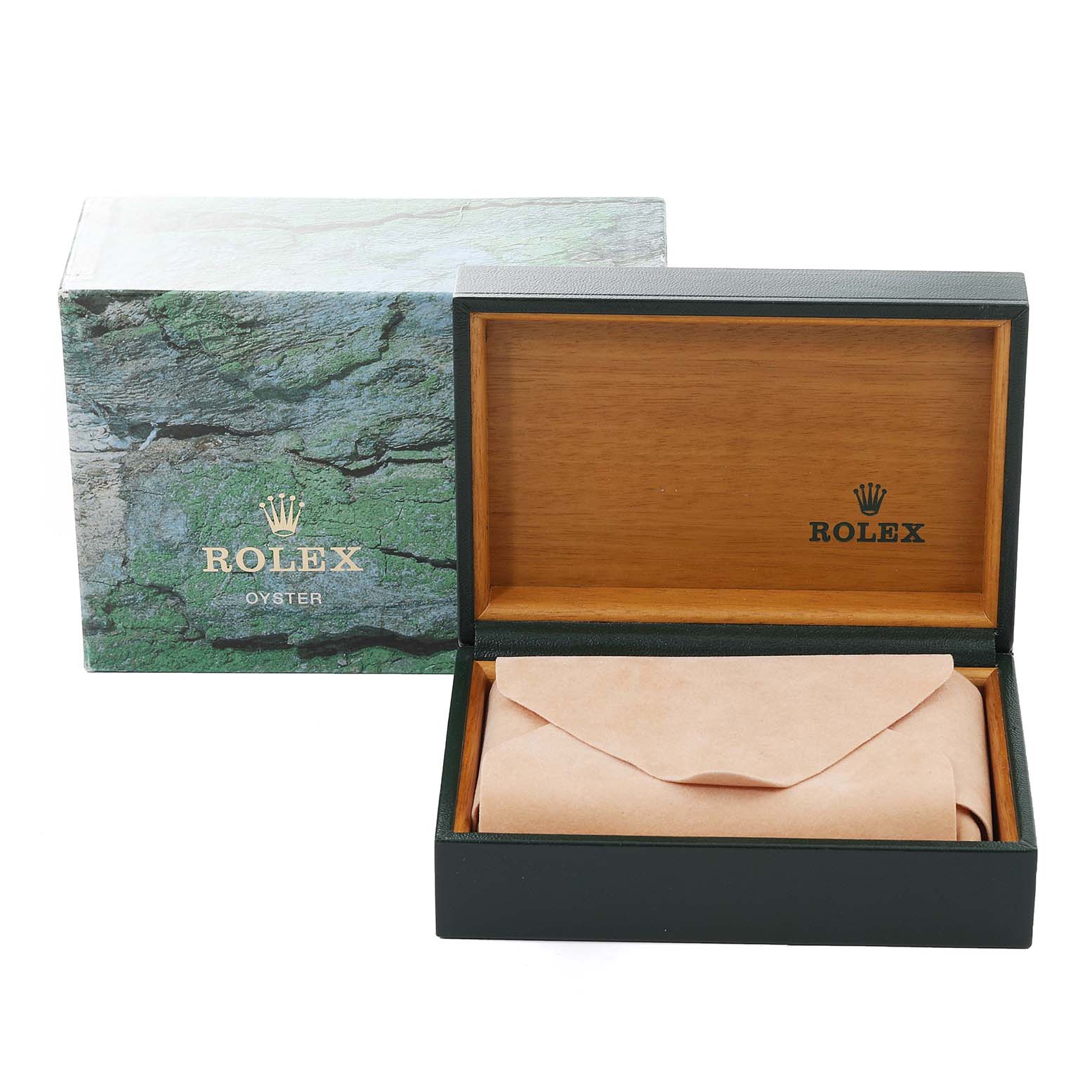 The image shows a Rolex Datejust 16233 Men's Steel and Gold (two tone) Mother of Pearl Dial 16233 Men's Steel and Gold (two tone) Mother of Pearl Dial watch box with the cover open, revealing a brown leather pouch inside.