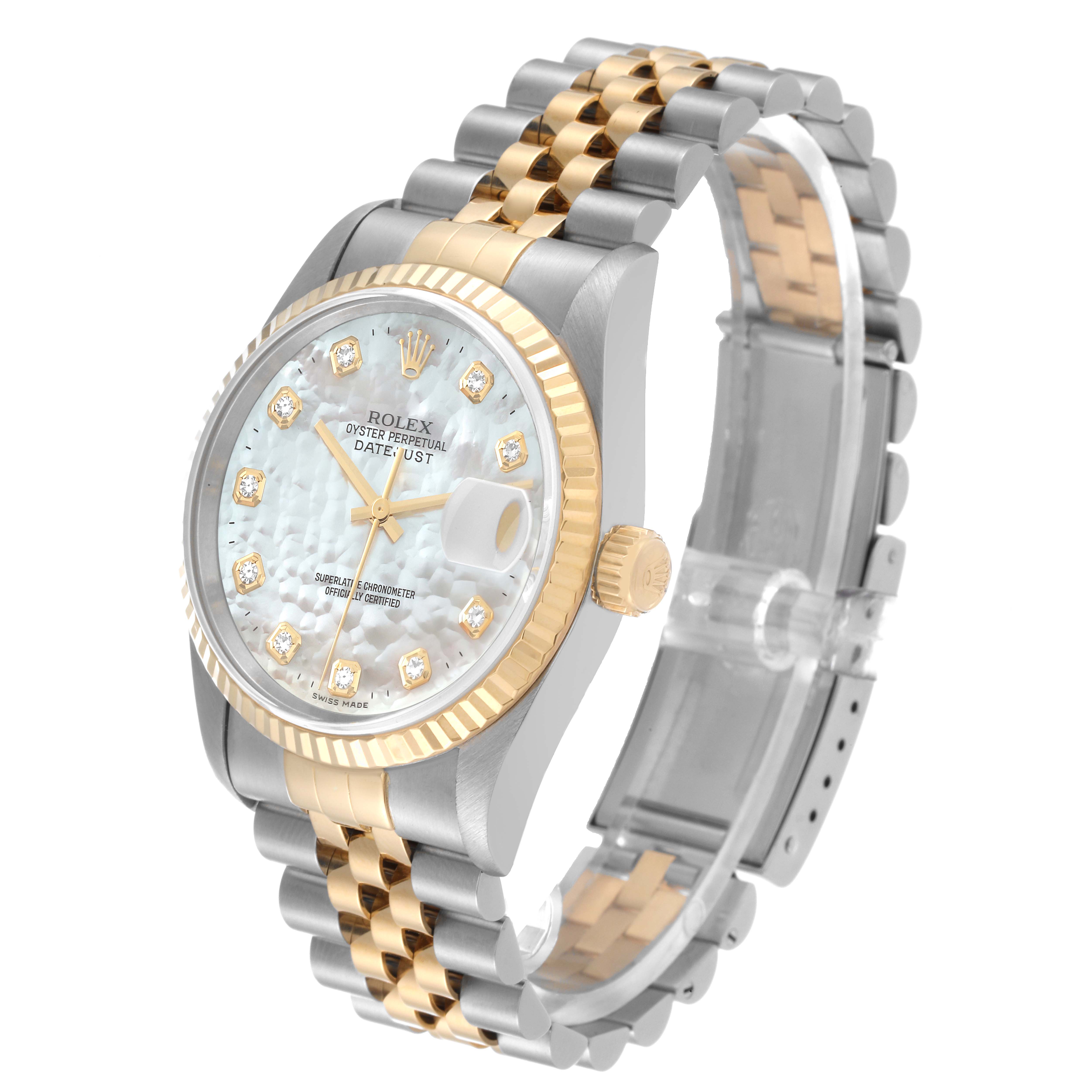 The image shows a close-up side angle of a Rolex Datejust 16233 Men's Steel and Gold (two tone) Mother of Pearl Dial 16233 Men's Steel and Gold (two tone) Mother of Pearl Dial watch, highlighting its face, bezel, and two-tone bracelet.