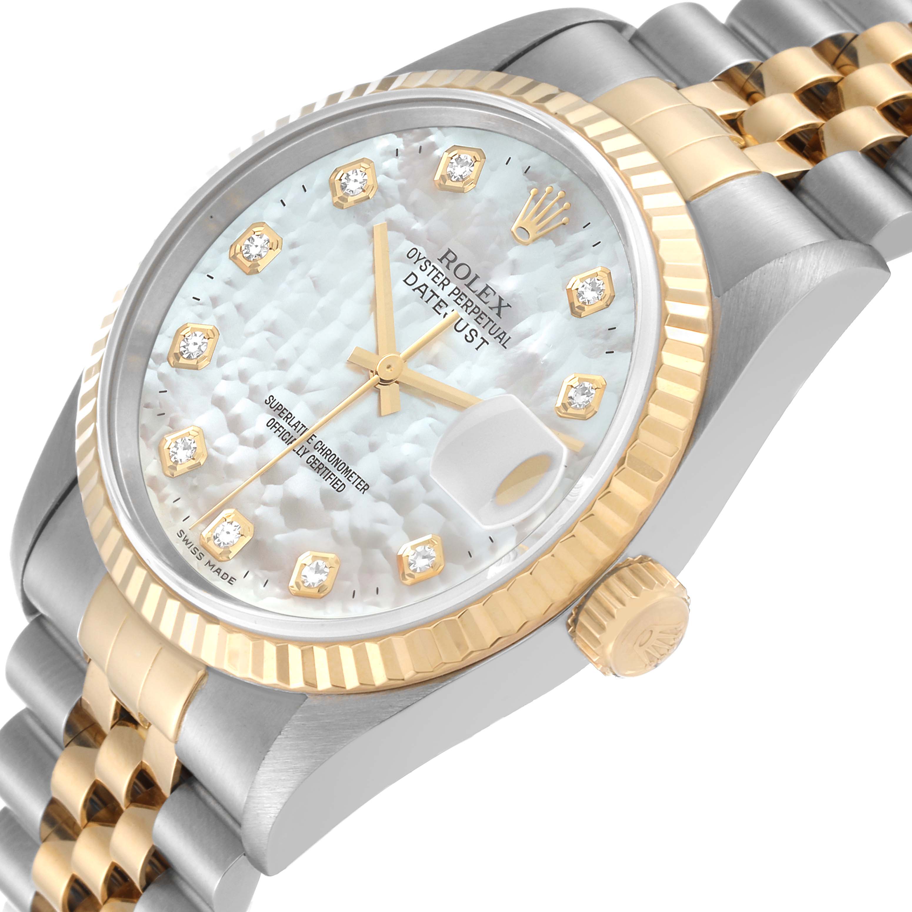 The image shows a close-up angled view of the Rolex Datejust 16233 Men's Steel and Gold (two tone) Mother of Pearl Dial 16233 Men's Steel and Gold (two tone) Mother of Pearl Dial watch, showcasing the dial, crown, and part of the bracelet.