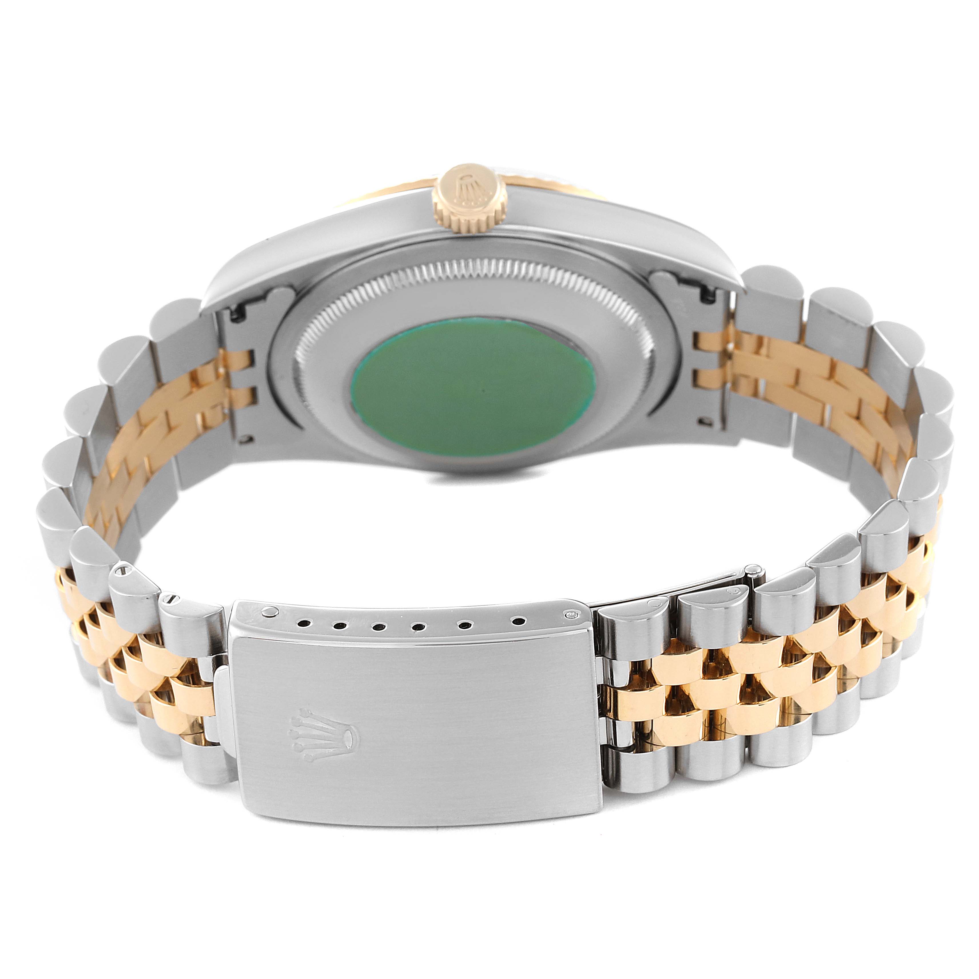 The image shows the back view of a Rolex Datejust 16233 Men's Steel and Gold (two tone) Mother of Pearl Dial 16233 Men's Steel and Gold (two tone) Mother of Pearl Dial watch, highlighting the clasp and the two-tone bracelet.