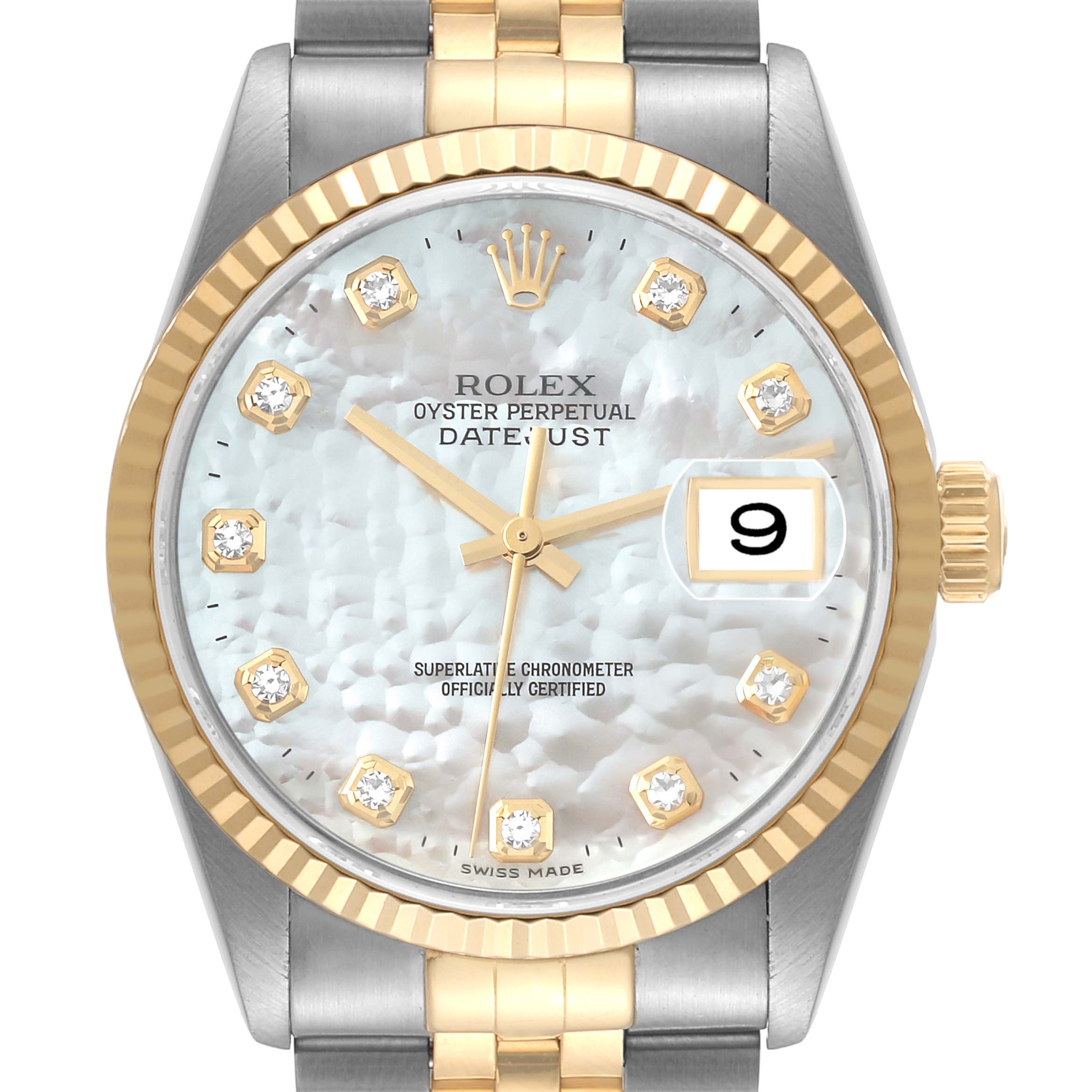 This image shows a close-up frontal view of a Rolex Datejust 16233 Men's Steel and Gold (two tone) Mother of Pearl Dial 16233 Men's Steel and Gold (two tone) Mother of Pearl Dial watch, highlighting its dial, bezel, crown, and part of the bracelet.
