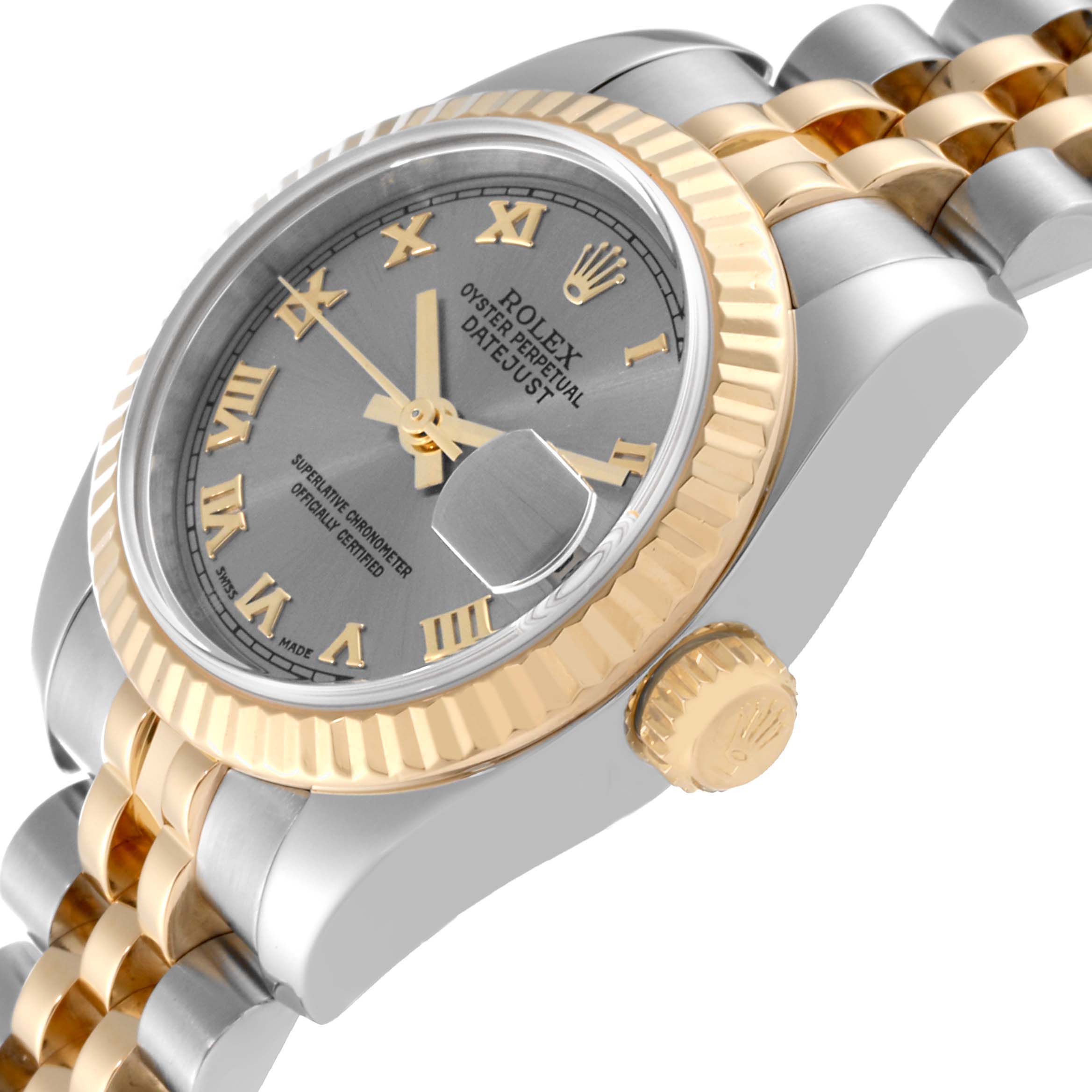 The Rolex Datejust 179173 Women's Steel and Gold (two tone) Grey Dial is shown from a side angle, highlighting the case, bezel, dial, crown, and part of the bracelet.