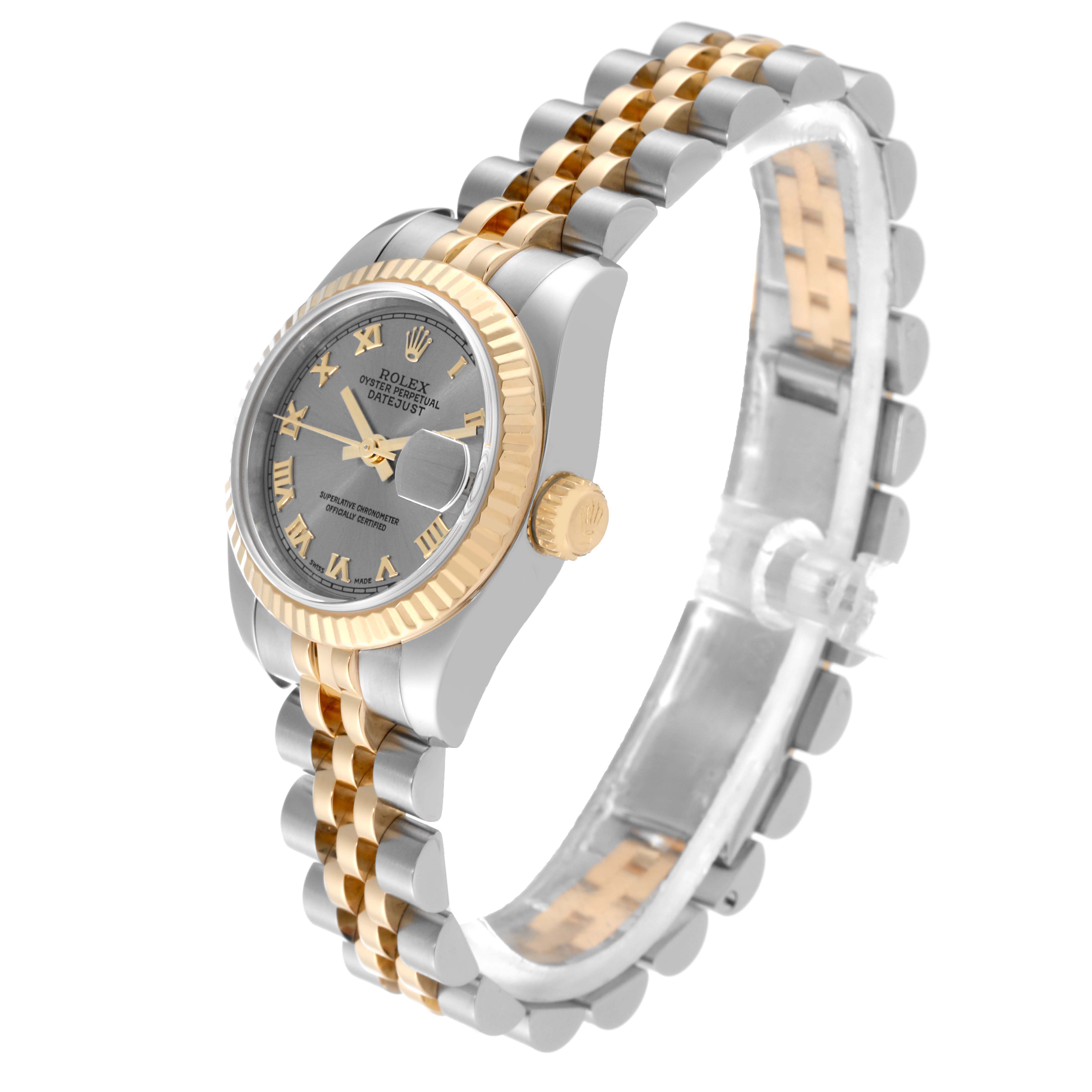 The Rolex Datejust 179173 Women's Steel and Gold (two tone) Grey Dial watch is shown at a slight angle, highlighting its two-tone bracelet, dial, bezel, crown, and side profile.