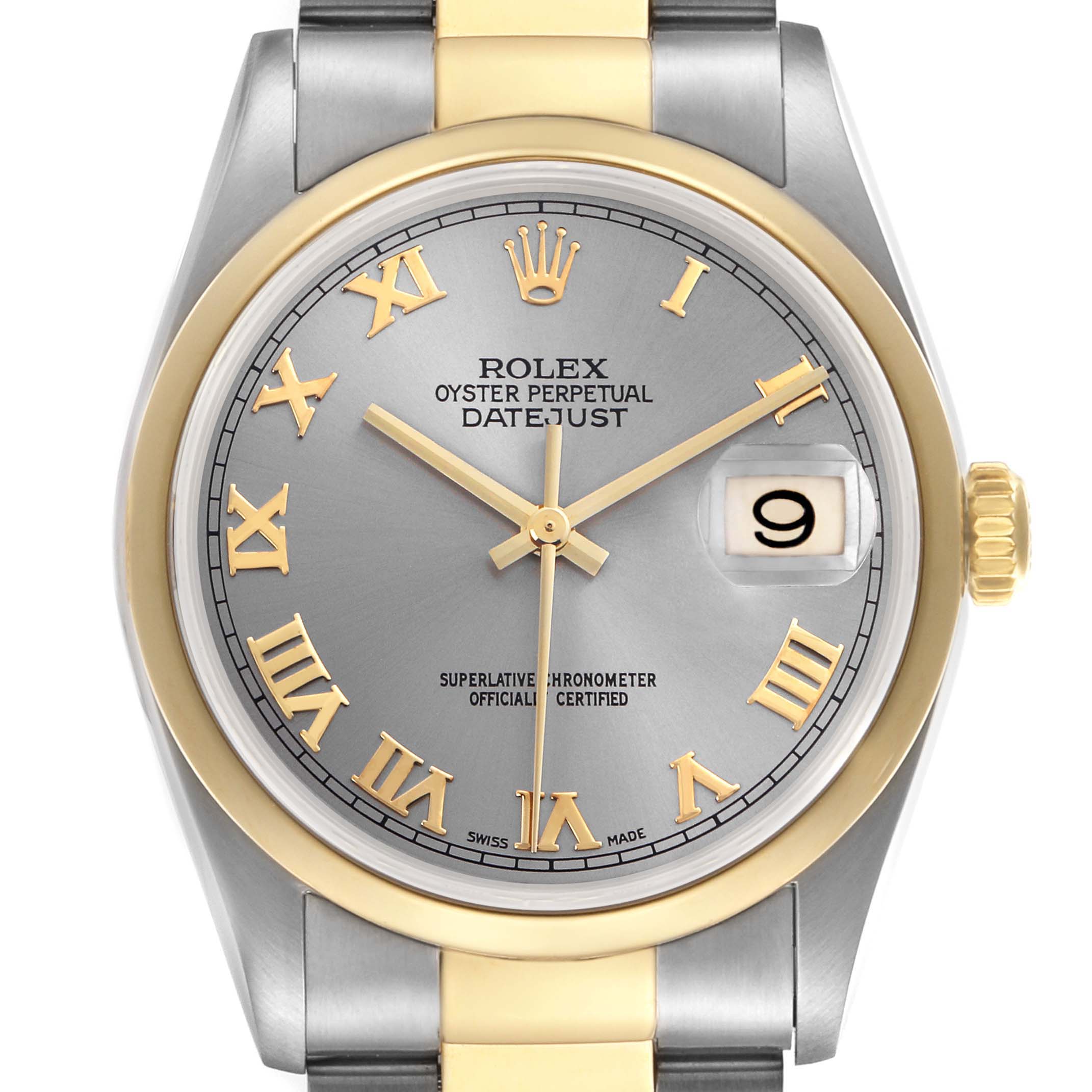 The Rolex Datejust 16203 Men's Steel and Gold (two tone) Grey Dial 16203 Men's Steel and Gold (two tone) Grey Dial watch is shown from a front view, displaying its dial, hour markers, bezel, and bracelet links.