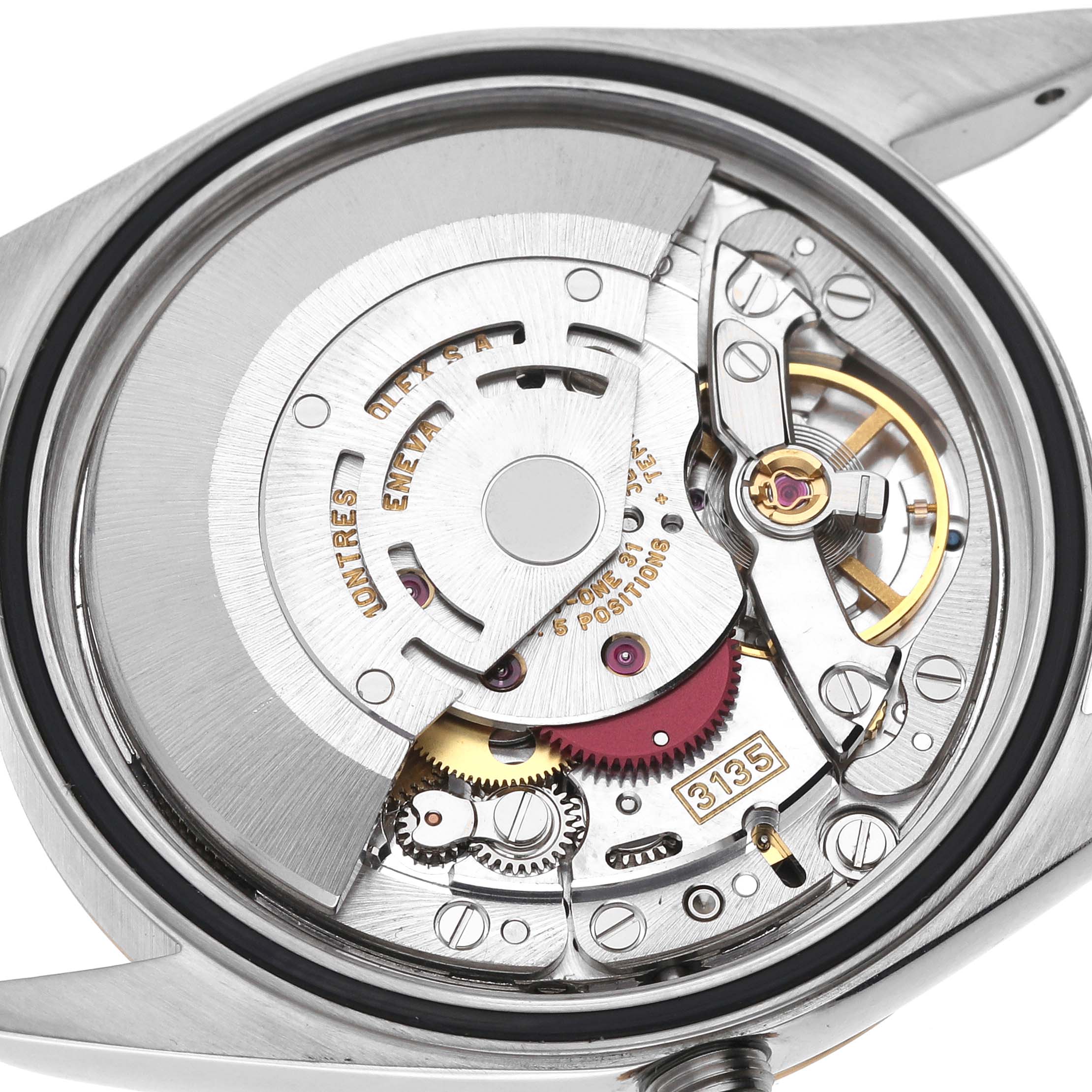 The image shows the open case-back of a Rolex Datejust 16203 Men's Steel and Gold (two tone) Grey Dial 16203 Men's Steel and Gold (two tone) Grey Dial, revealing its intricate movement and components.