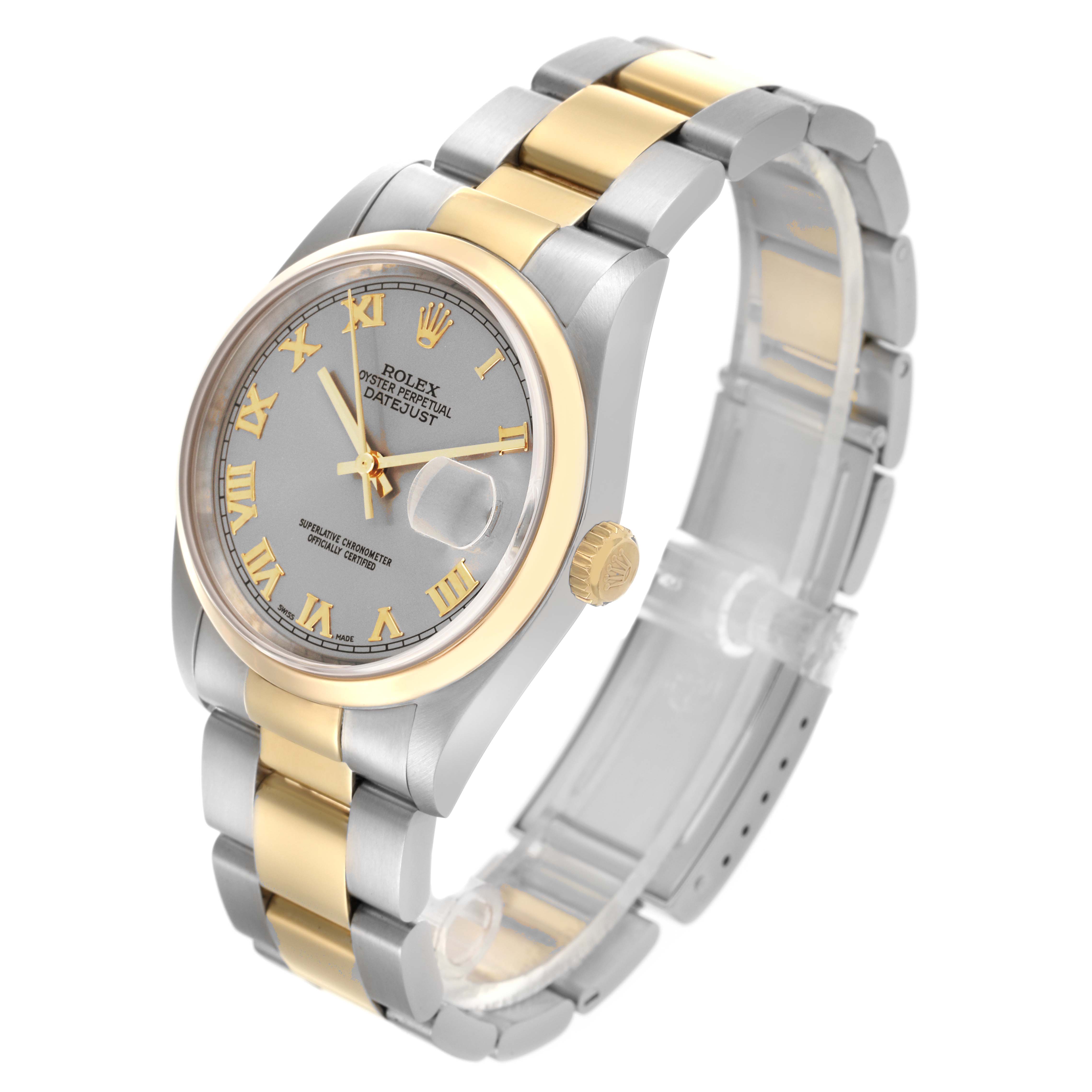 The Rolex Datejust 16203 Men's Steel and Gold (two tone) Grey Dial 16203 Men's Steel and Gold (two tone) Grey Dial watch is shown at an angle displaying the face, bezel, crown, and bracelet.