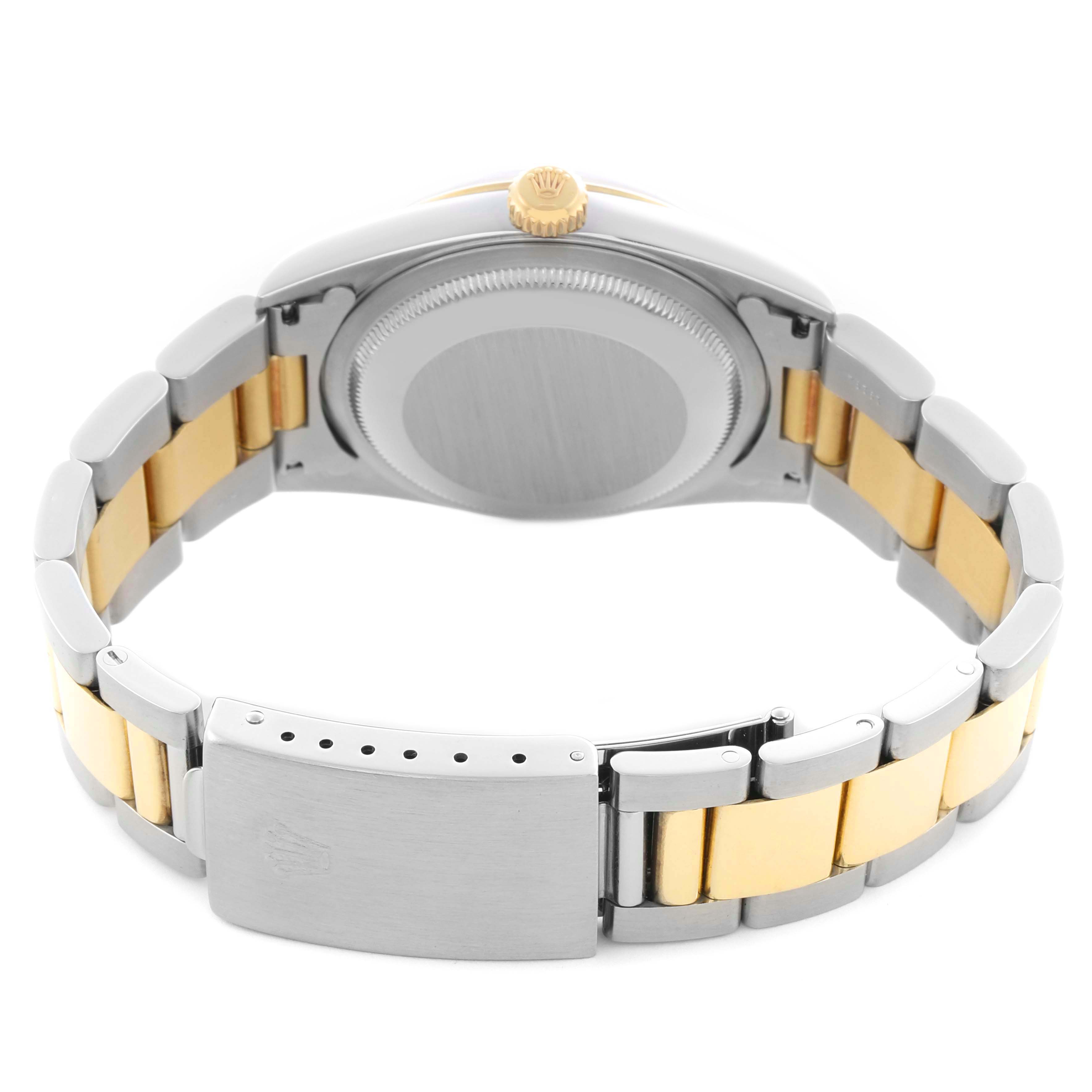 The image shows the back of a Rolex Datejust 16203 Men's Steel and Gold (two tone) Grey Dial 16203 Men's Steel and Gold (two tone) Grey Dial, highlighting the case back, crown, and two-tone bracelet.