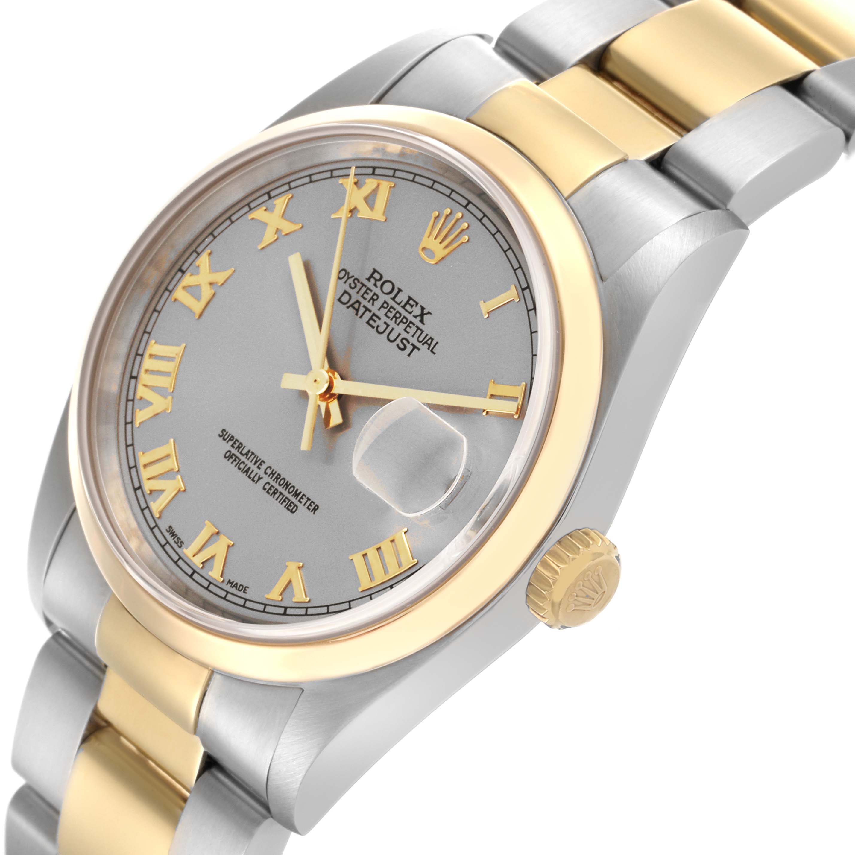 The Rolex Datejust 16203 Men's Steel and Gold (two tone) Grey Dial 16203 Men's Steel and Gold (two tone) Grey Dial watch is shown from an angled side view, displaying the face, gold bezel, crown, and two-tone bracelet.