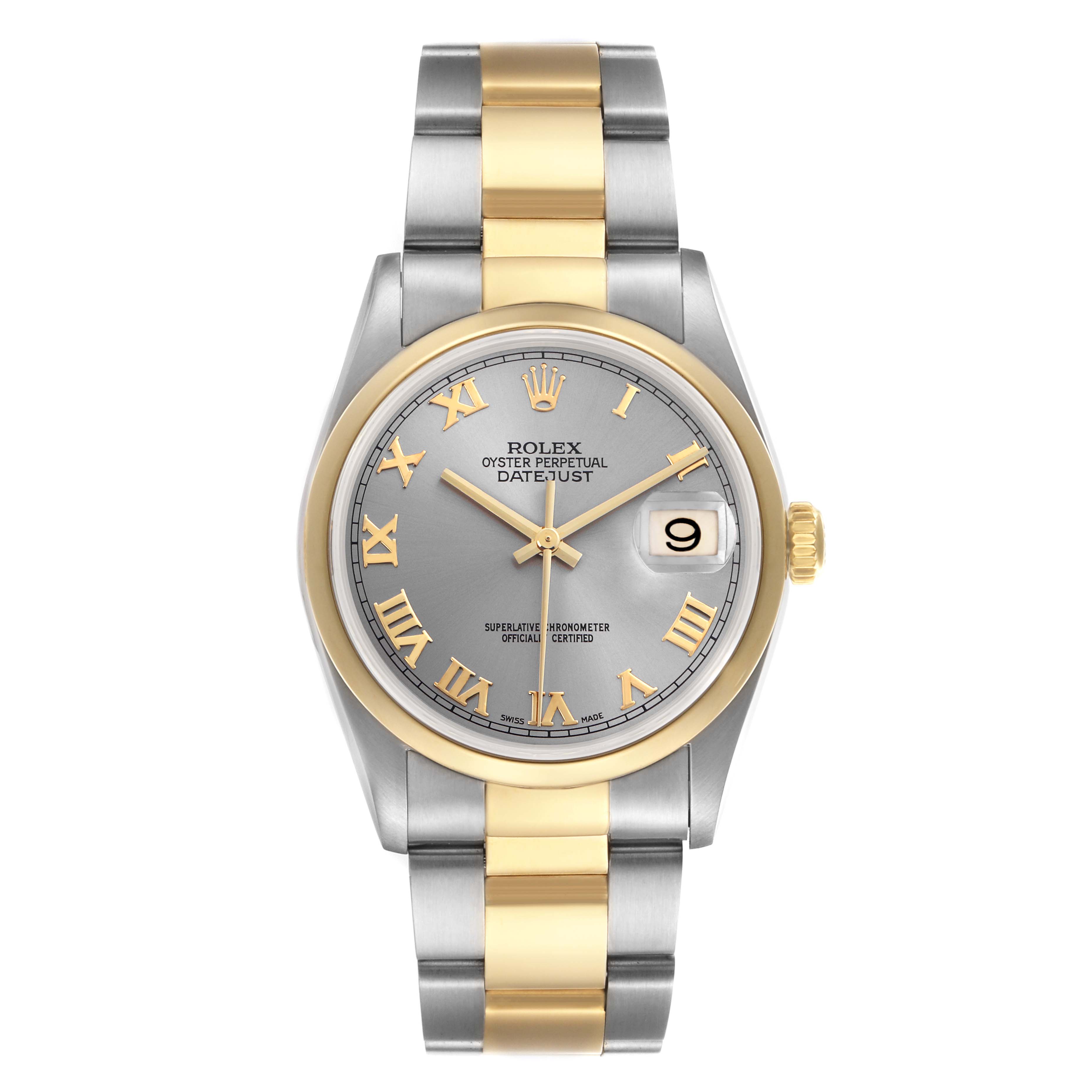 The Rolex Datejust 16203 Men's Steel and Gold (two tone) Grey Dial 16203 Men's Steel and Gold (two tone) Grey Dial watch is shown from a top-down angle, displaying the face, bezel, and bracelet clearly.