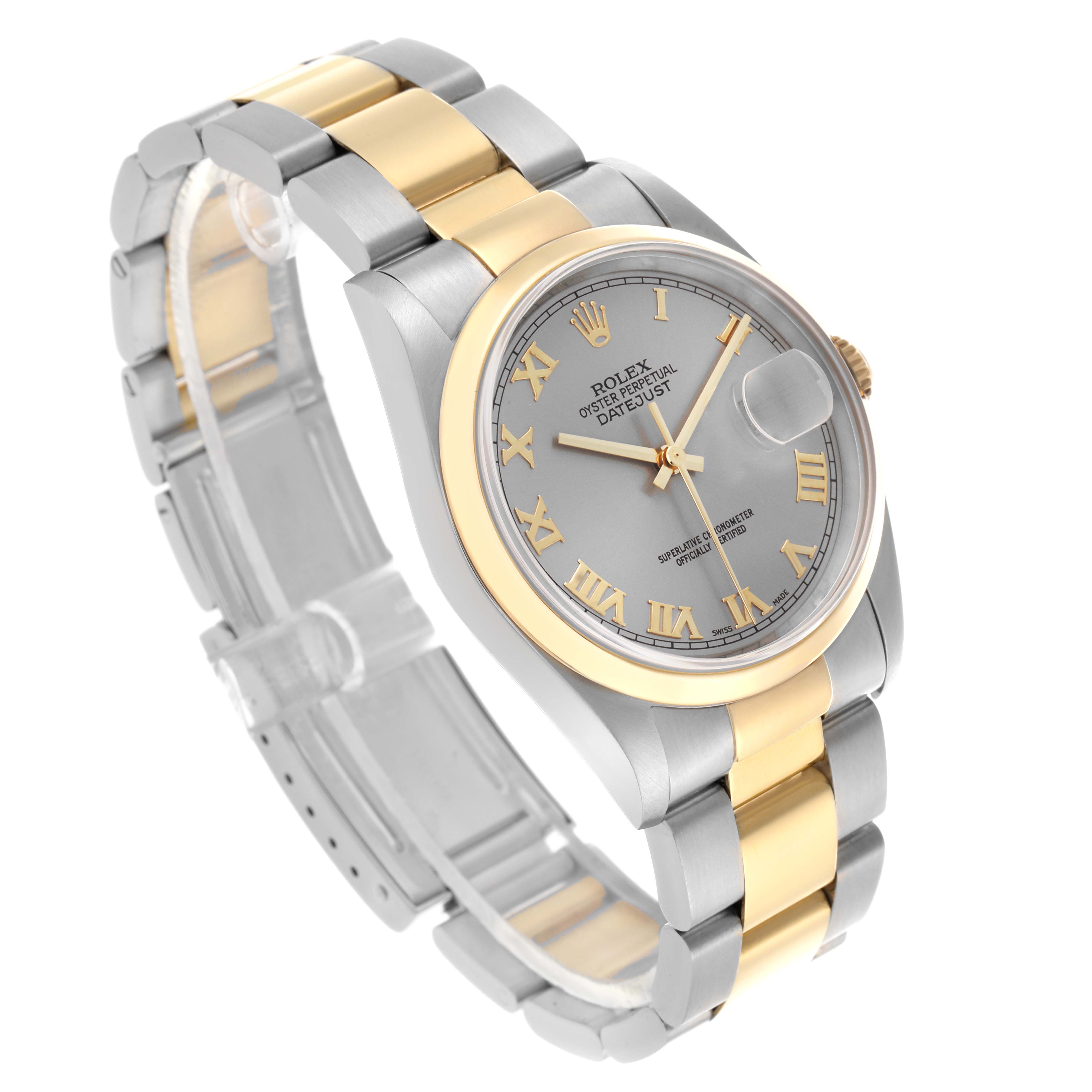 The Rolex Datejust 16203 Men's Steel and Gold (two tone) Grey Dial 16203 Men's Steel and Gold (two tone) Grey Dial watch is shown at an angled side view, highlighting its two-tone bracelet, grey dial, and gold Roman numerals.