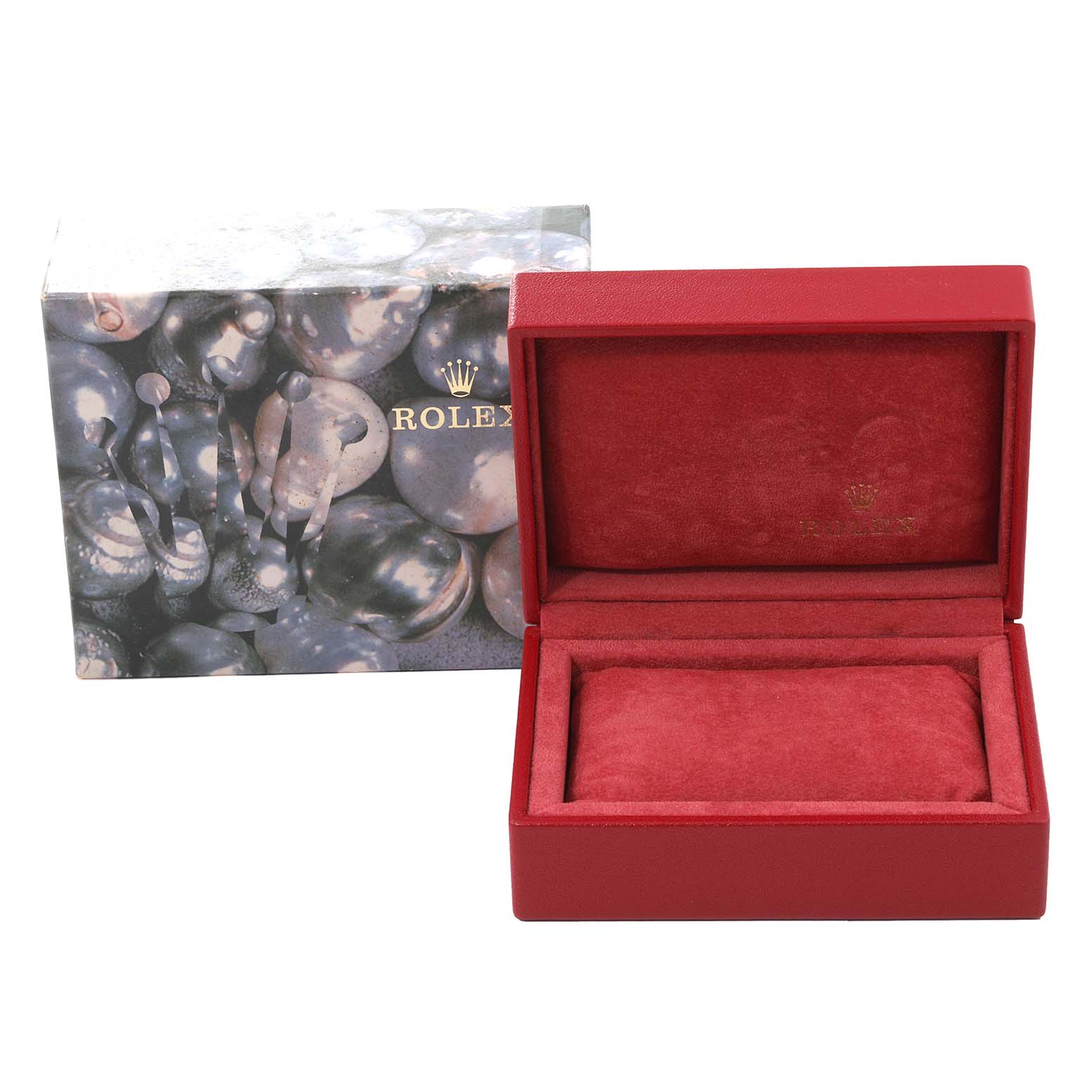 This image shows a Rolex Datejust 79173 Women's Steel and Gold (two tone) Champagne Dial 79173 Women's Steel and Gold (two tone) Champagne Dial watch box and casing, with a red velvet interior and a decorative outer box.