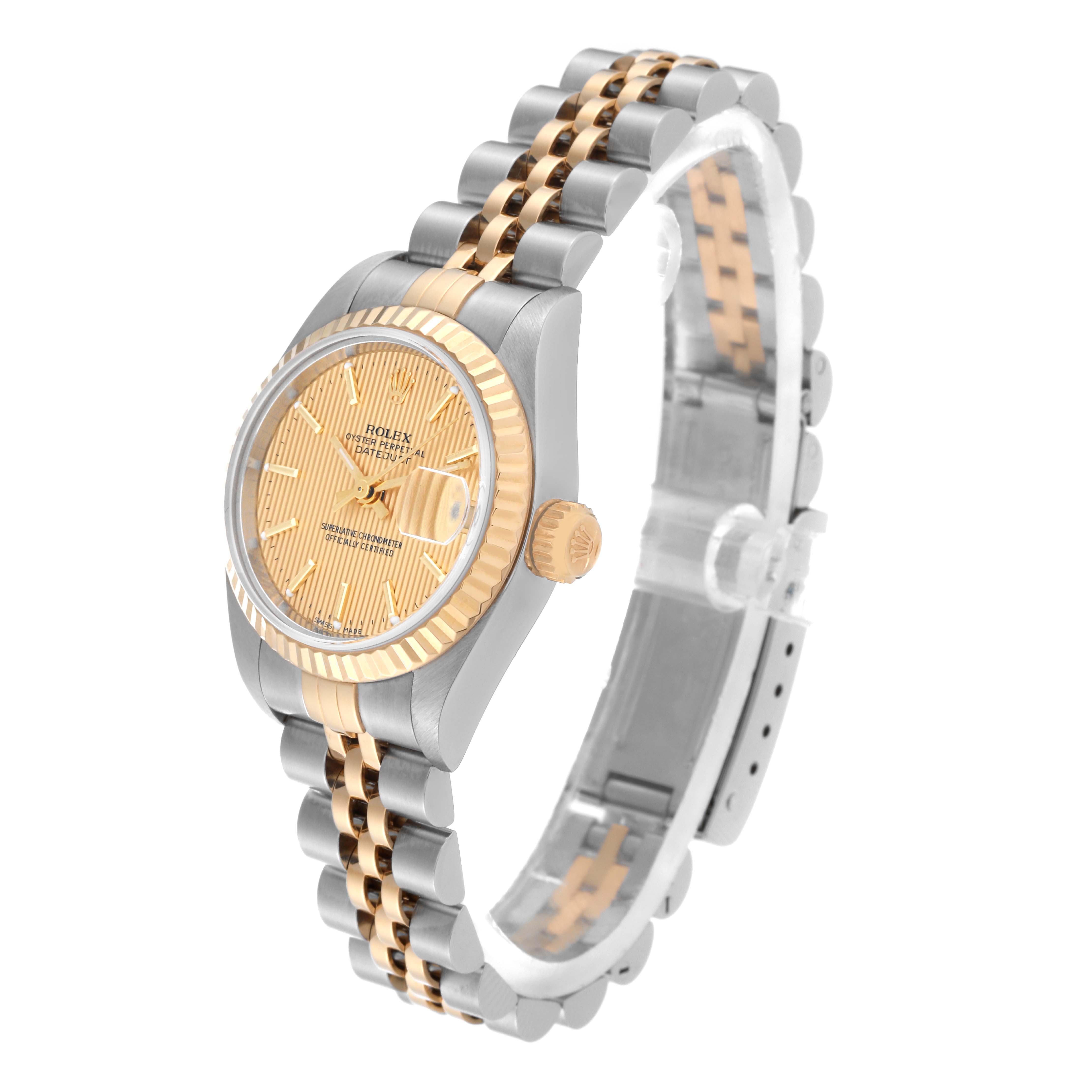 This image shows a Rolex Datejust 79173 Women's Steel and Gold (two tone) Champagne Dial 79173 Women's Steel and Gold (two tone) Champagne Dial watch at a slight angle, highlighting its dial, crown, two-tone bracelet, and fluted bezel.