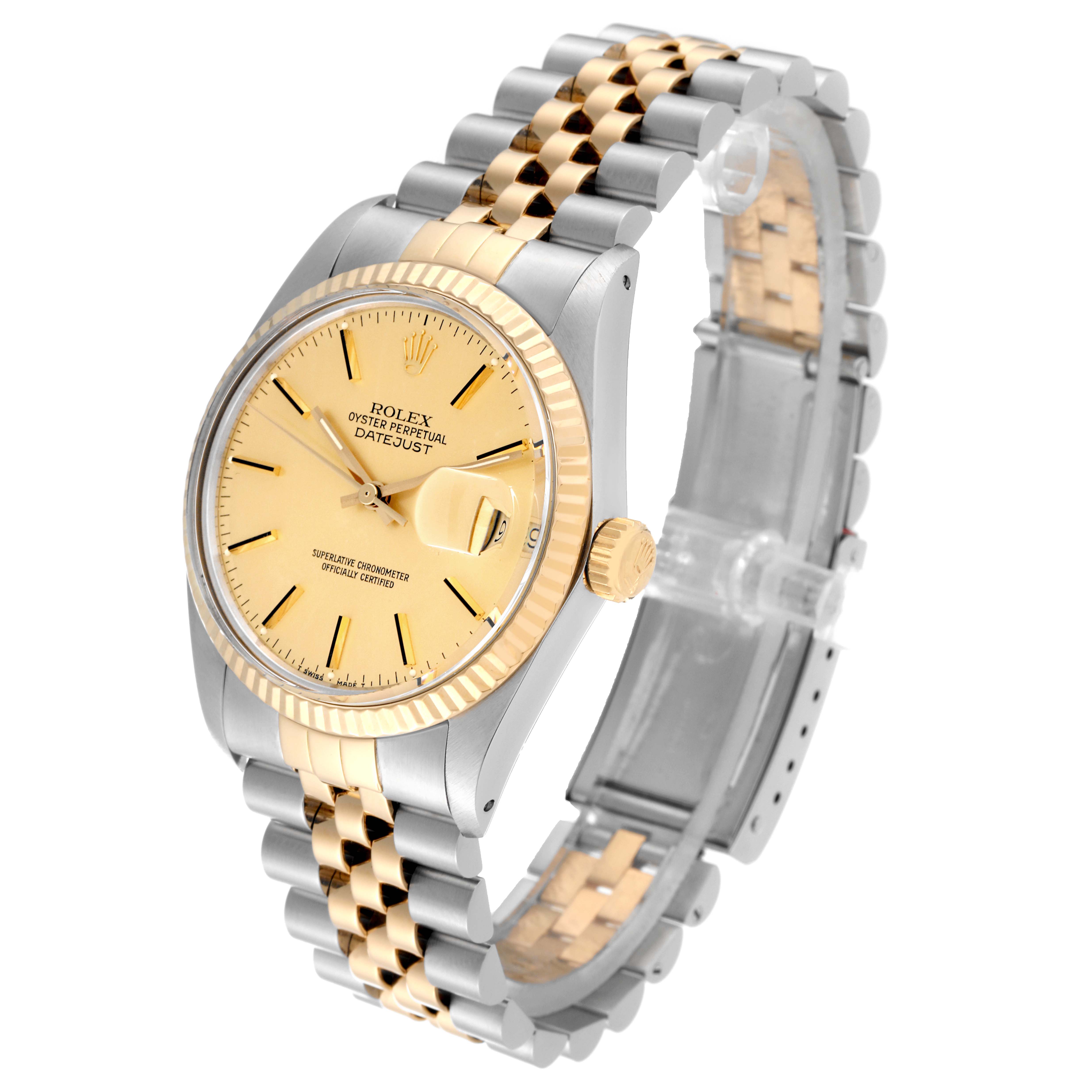 The Rolex Vintage Collection 16013 Men's Steel and Gold (two tone) Champagne Dial 16013 Men's Steel and Gold (two tone) Champagne Dial watch model is at an angled view showing its face, fluted bezel, crown, and two-tone bracelet.