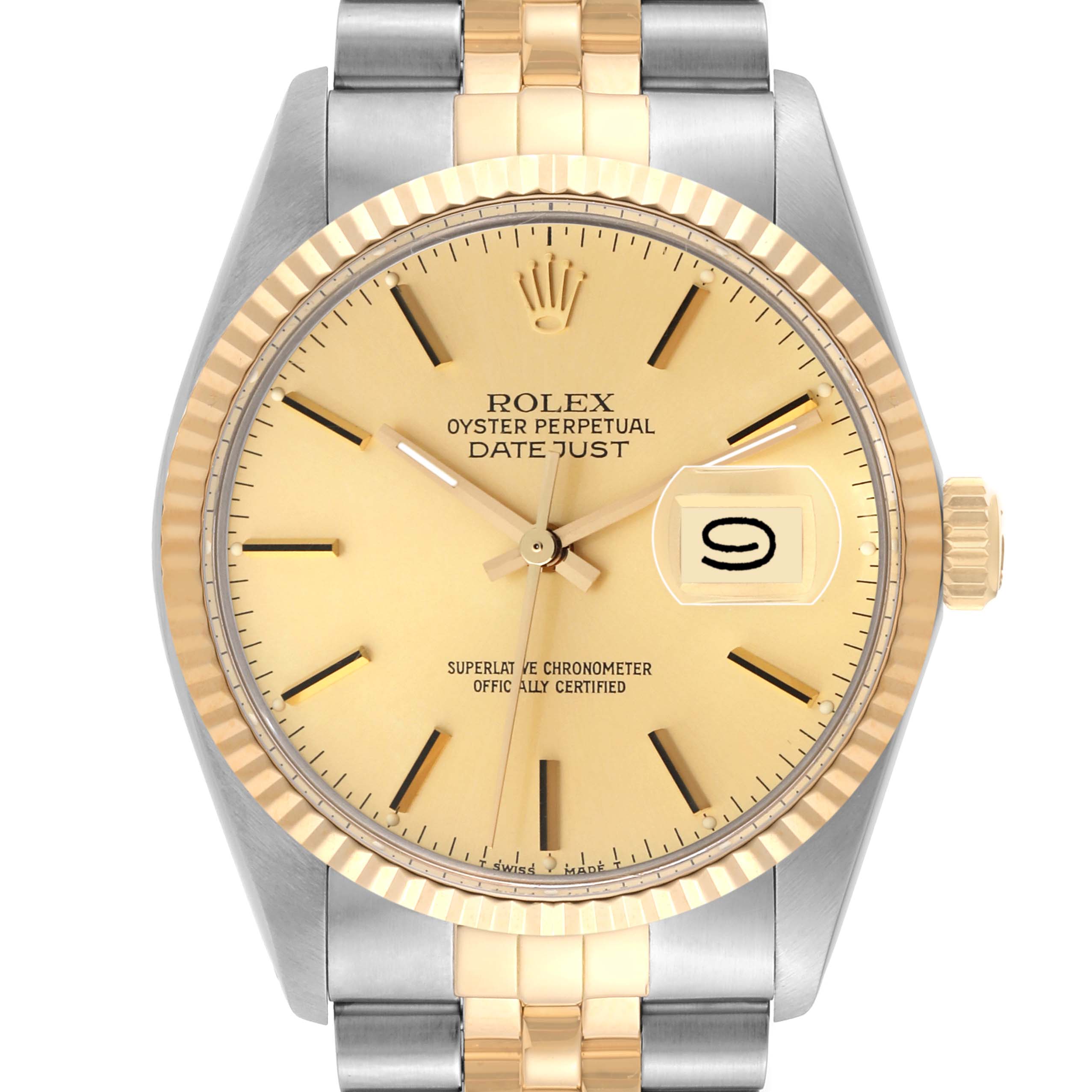 The image shows a front view of the Rolex Vintage Collection 16013 Men's Steel and Gold (two tone) Champagne Dial 16013 Men's Steel and Gold (two tone) Champagne Dial Datejust model, highlighting the dial, bezel, and bracelet.