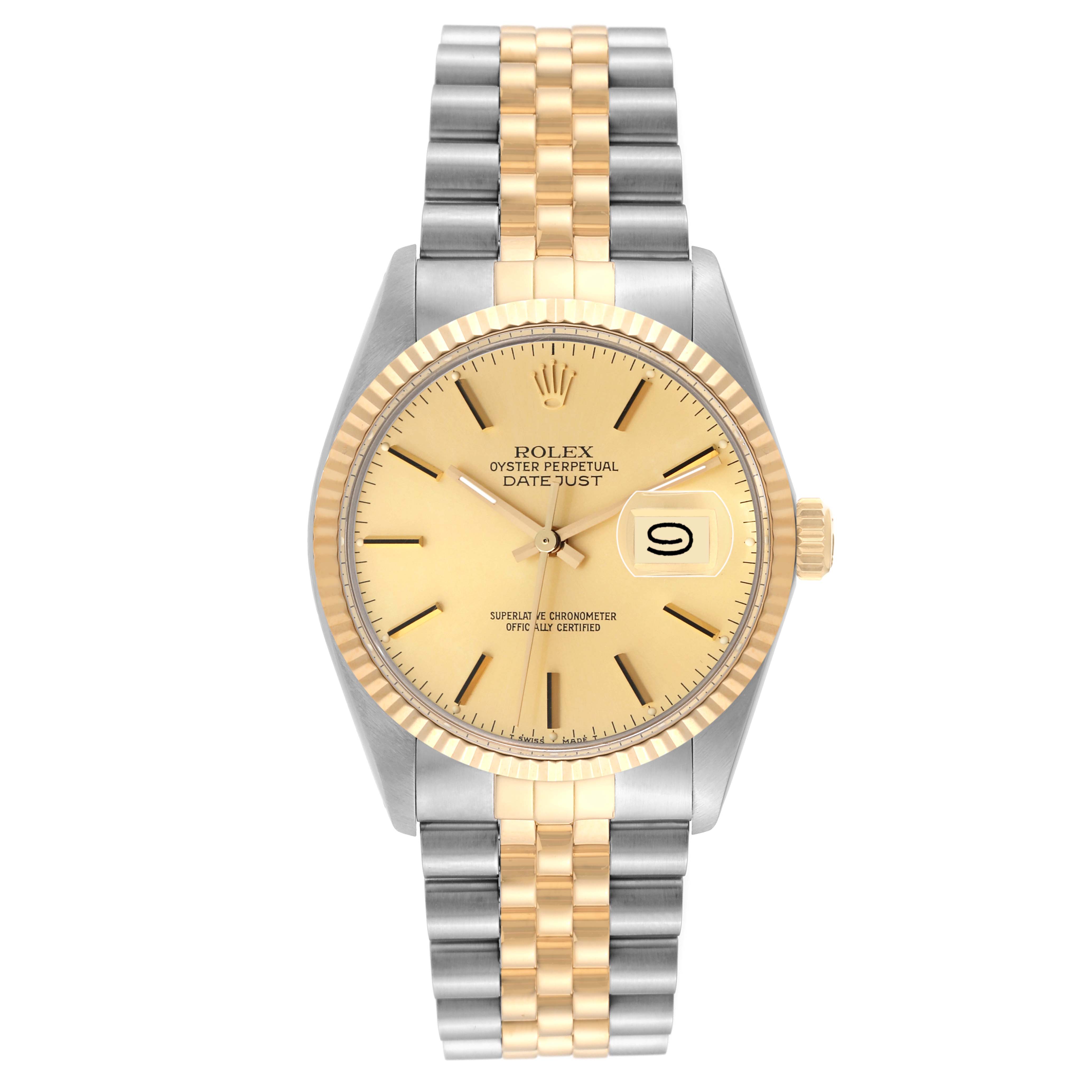 The image shows a front view of the Rolex Vintage Collection 16013 Men's Steel and Gold (two tone) Champagne Dial 16013 Men's Steel and Gold (two tone) Champagne Dial Datejust model, highlighting the dial, bezel, and bracelet.