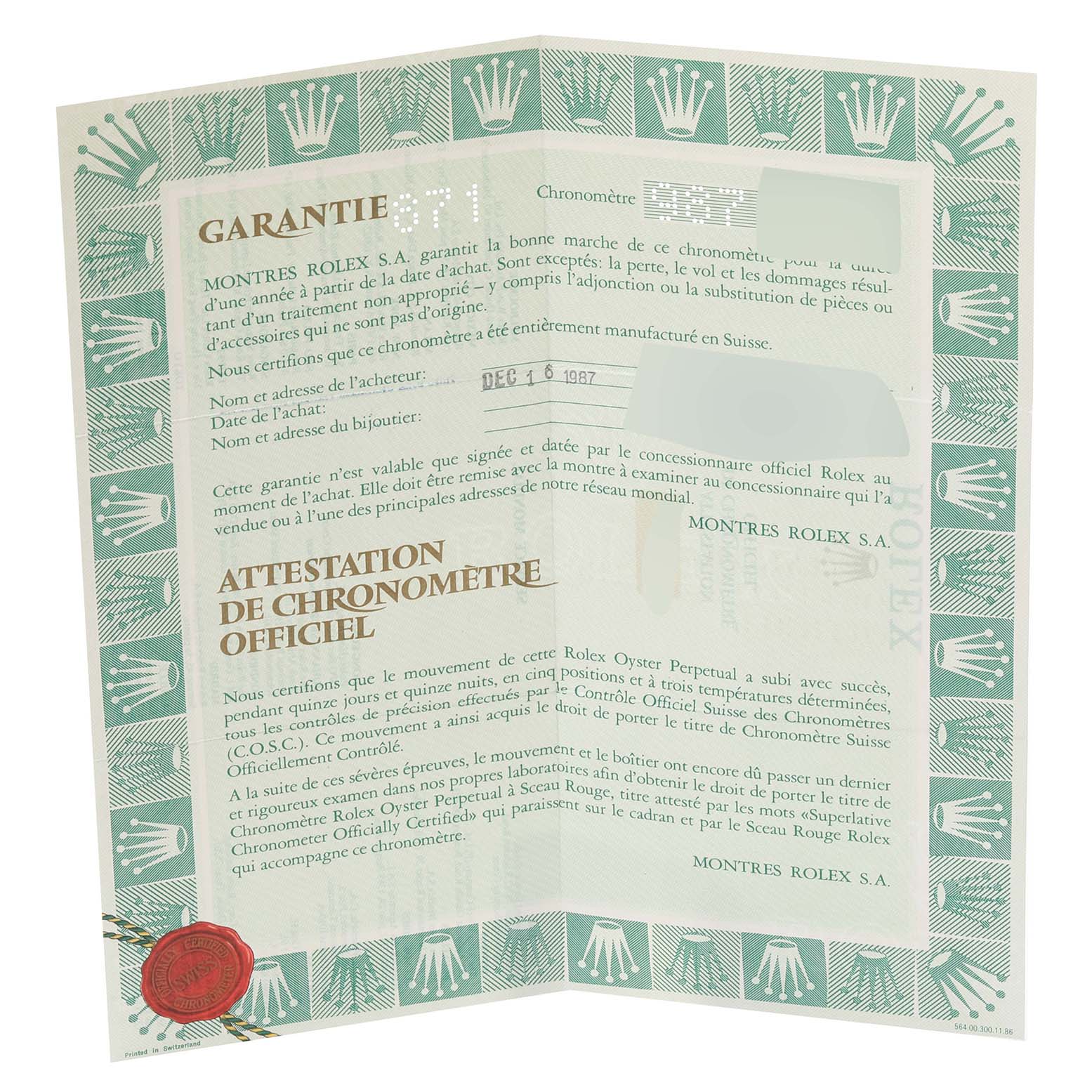 This image shows a guarantee certificate for a Rolex Vintage Collection 16013 Men's Steel and Gold (two tone) Champagne Dial 16013 Men's Steel and Gold (two tone) Champagne Dial watch, viewed from the front and unfolded.