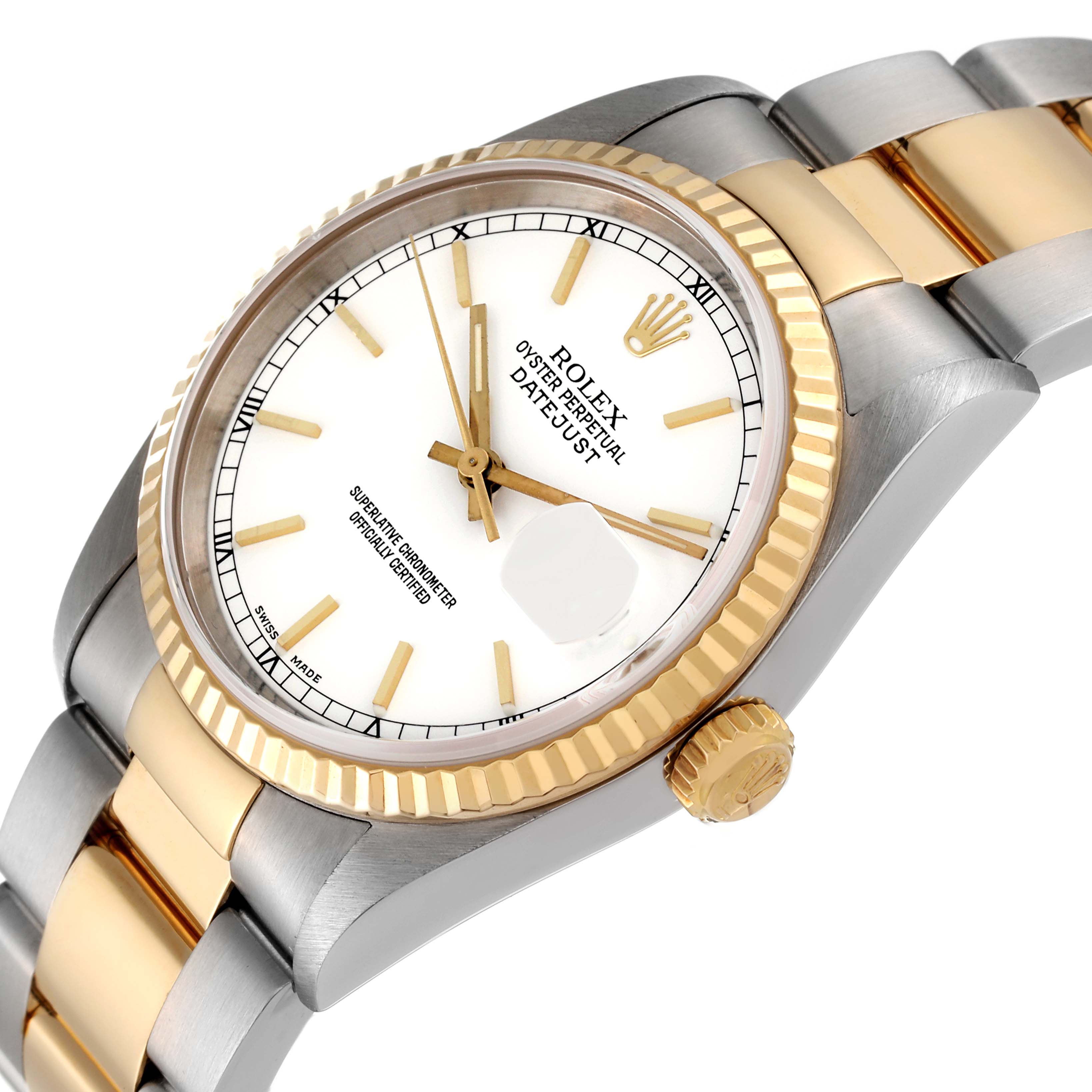 This image shows a close-up angled view of a Rolex Datejust 16233 Men's Steel and Gold (two tone) White Dial 16233 Men's Steel and Gold (two tone) White Dial watch, displaying its dial, bezel, crown, and part of its bracelet.
