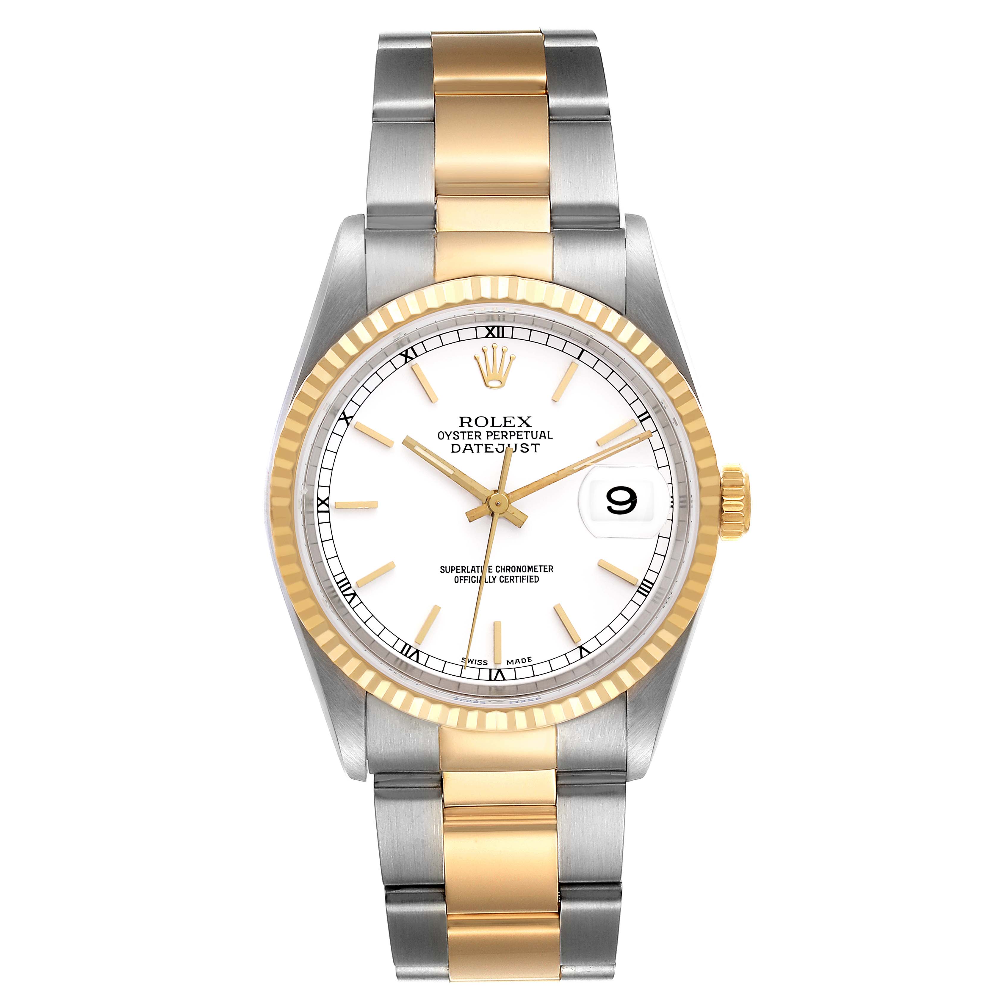 The Rolex Datejust 16233 Men's Steel and Gold (two tone) White Dial 16233 Men's Steel and Gold (two tone) White Dial watch is shown from a front angle, displaying its face, bezel, case, and two-tone bracelet.