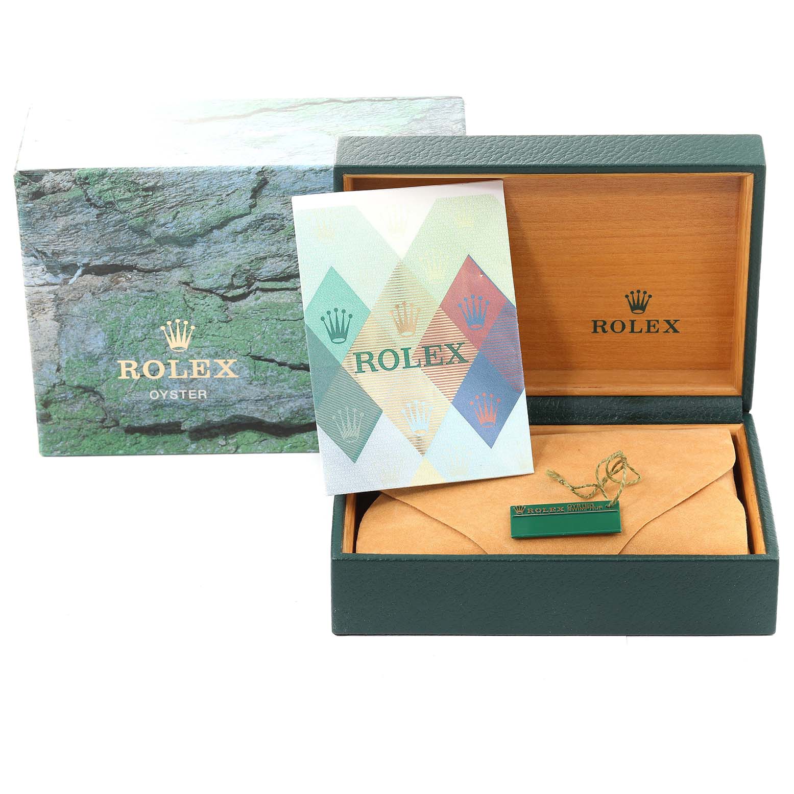 The image shows the Rolex Datejust 16233 Men's Steel and Gold (two tone) White Dial 16233 Men's Steel and Gold (two tone) White Dial model packaging, including the box, booklet, and tag at an eye-level angle.