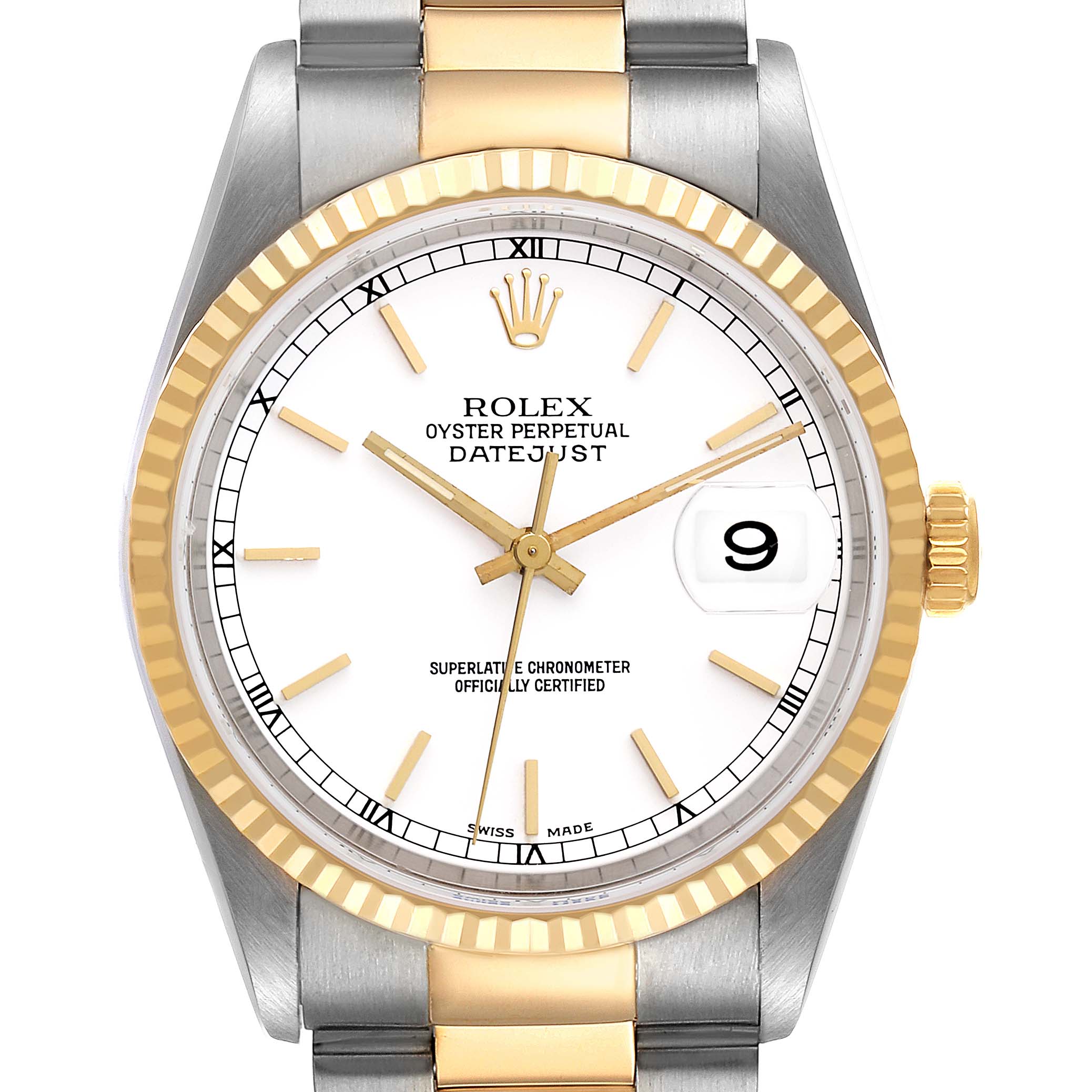 This image shows a frontal view of the Rolex Datejust 16233 Men's Steel and Gold (two tone) White Dial 16233 Men's Steel and Gold (two tone) White Dial watch, highlighting its gold and stainless steel bracelet, bezel, and white dial.