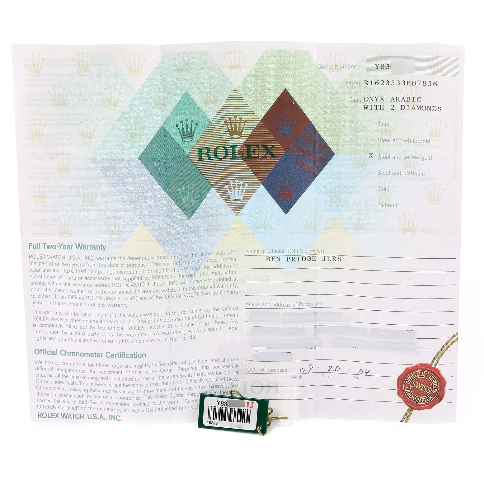 The image shows a warranty card and tag for a Rolex Datejust 16233 Men's Steel and Gold (two tone) White Dial 16233 Men's Steel and Gold (two tone) White Dial, with various details about the watch including model and jeweler.