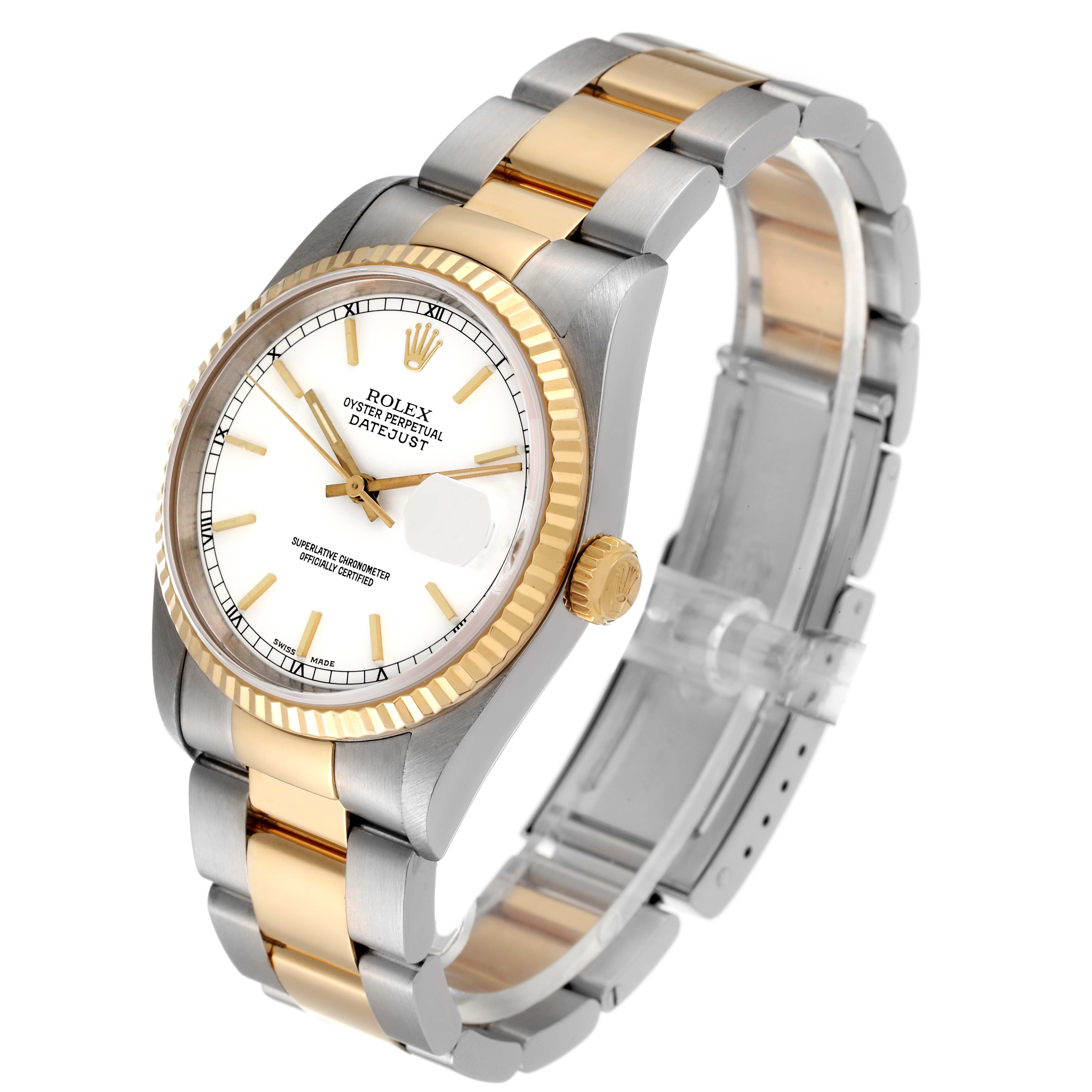 The image shows a Rolex Datejust 16233 Men's Steel and Gold (two tone) White Dial 16233 Men's Steel and Gold (two tone) White Dial watch angled slightly from the front left, highlighting the dial, bezel, crown, and bracelet.