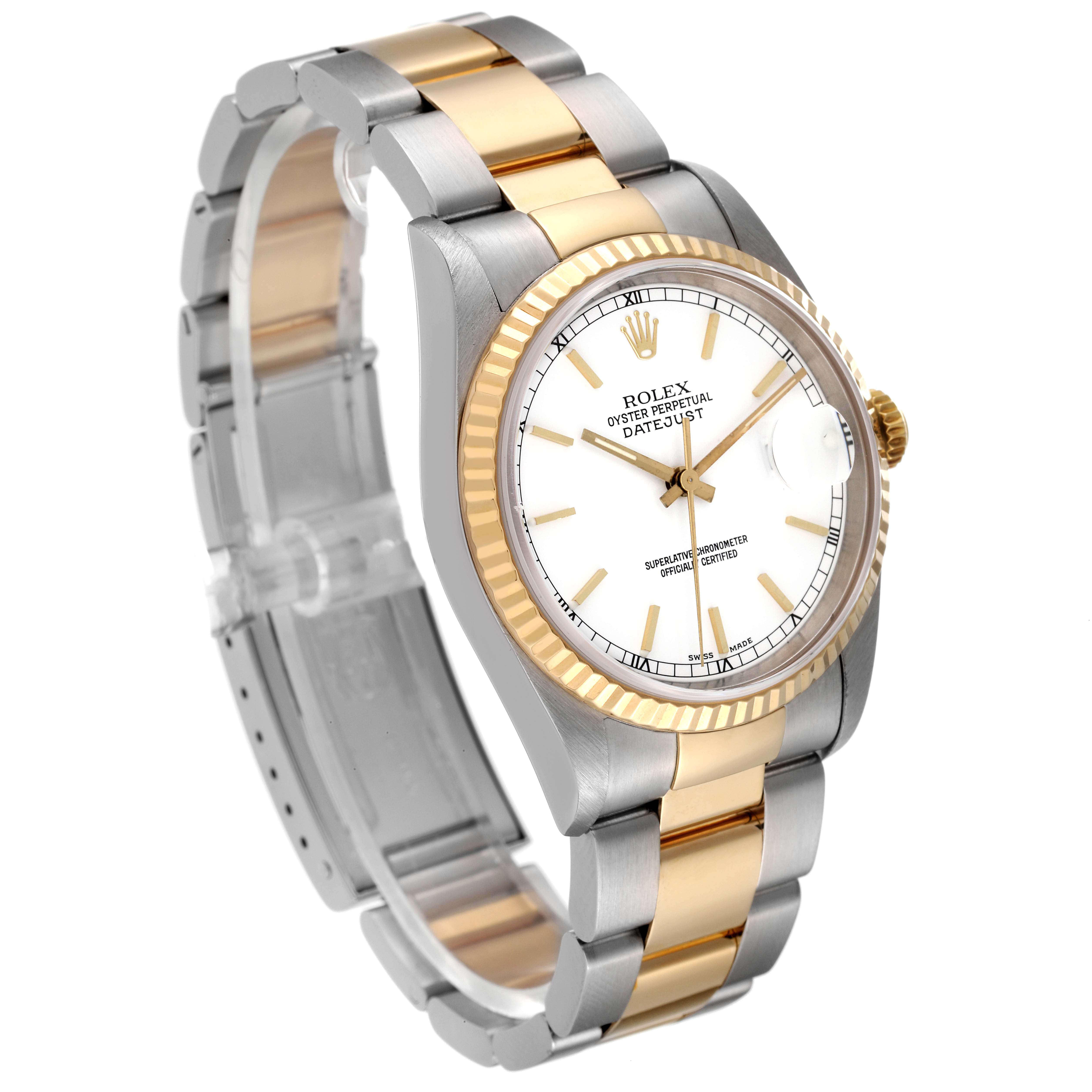 This Rolex Datejust 16233 Men's Steel and Gold (two tone) White Dial 16233 Men's Steel and Gold (two tone) White Dial watch is shown at a three-quarter angle displaying the face, fluted bezel, and two-tone bracelet.