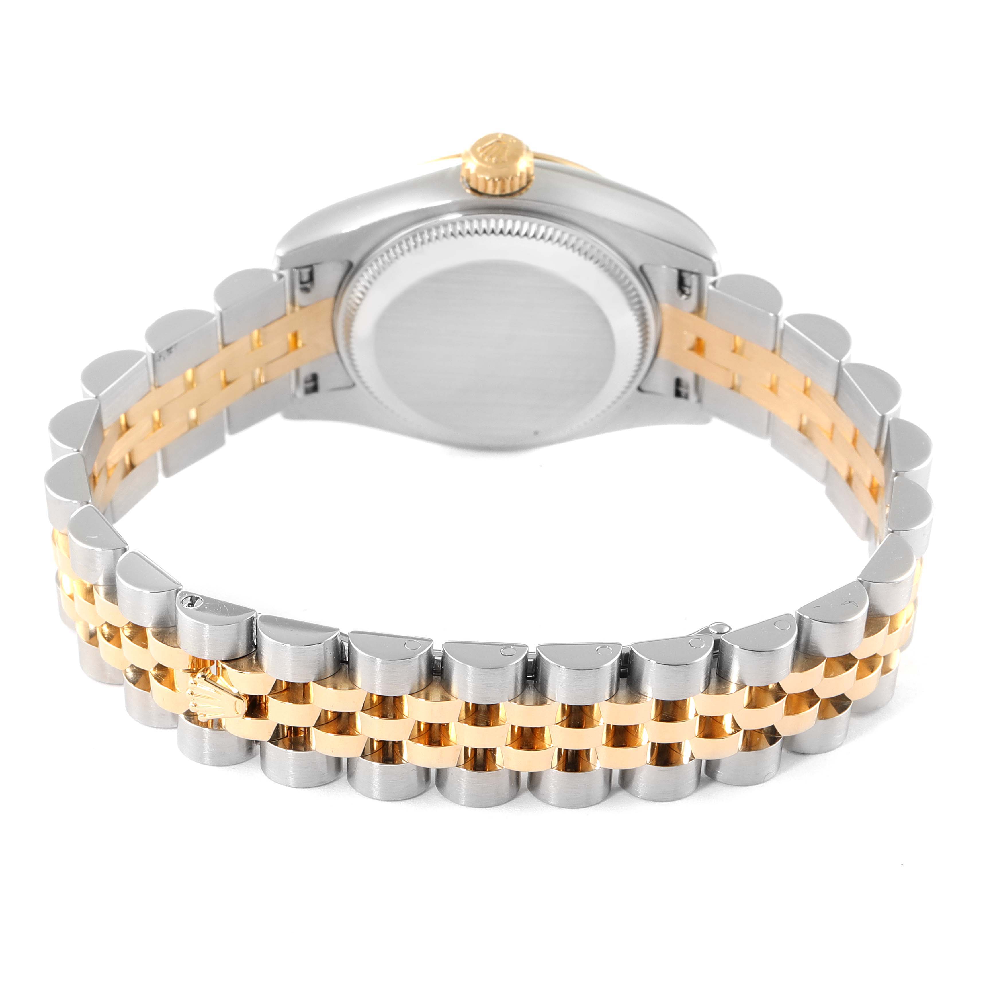 The image shows the back view of a Rolex Datejust 179173 Women's Steel and Gold (two tone) White Dial 179173 Women's Steel and Gold (two tone) White Dial watch, highlighting its two-tone bracelet and case back.