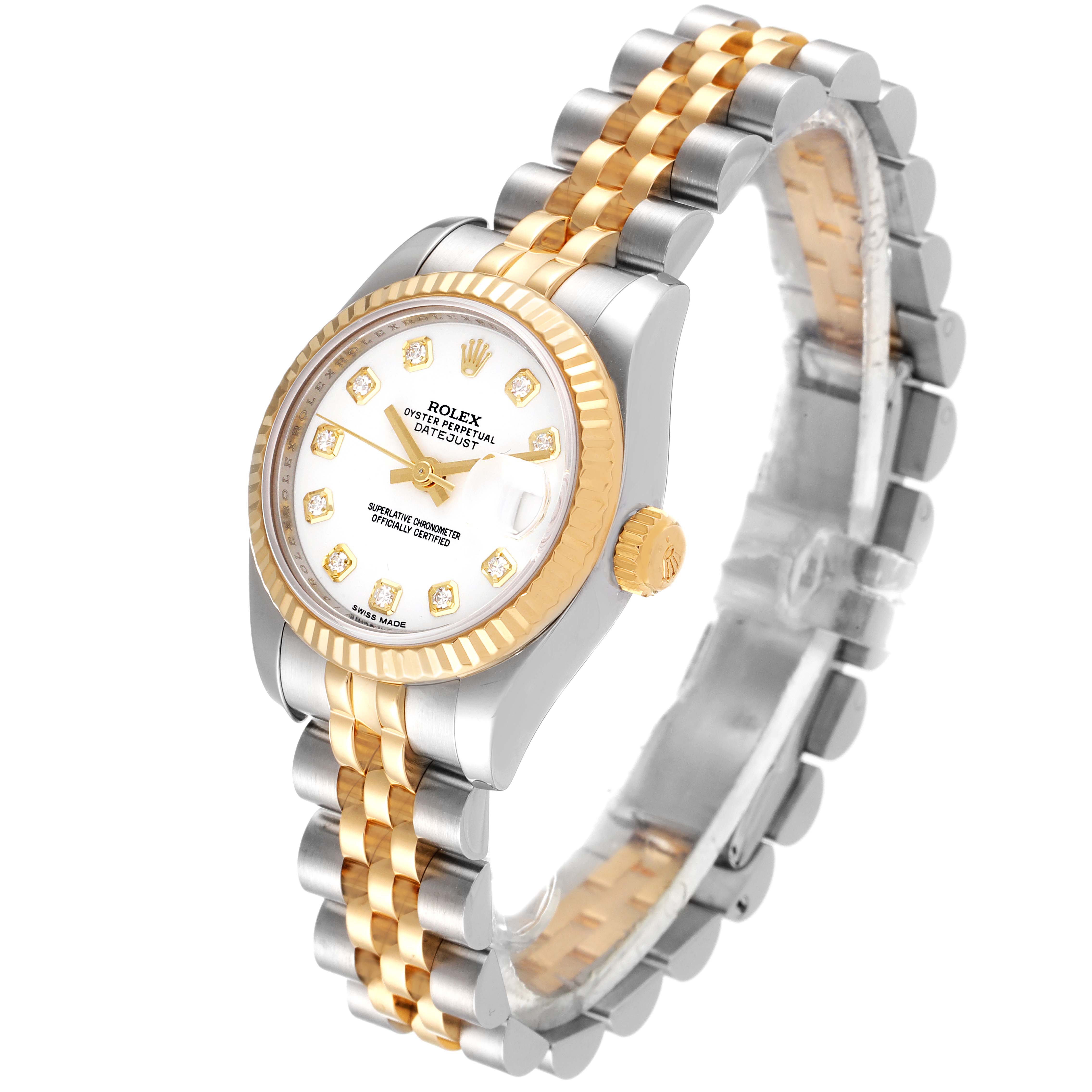 This image shows a Rolex Datejust 179173 Women's Steel and Gold (two tone) White Dial 179173 Women's Steel and Gold (two tone) White Dial watch at an angled view, highlighting its two-tone bracelet, case, and dial.